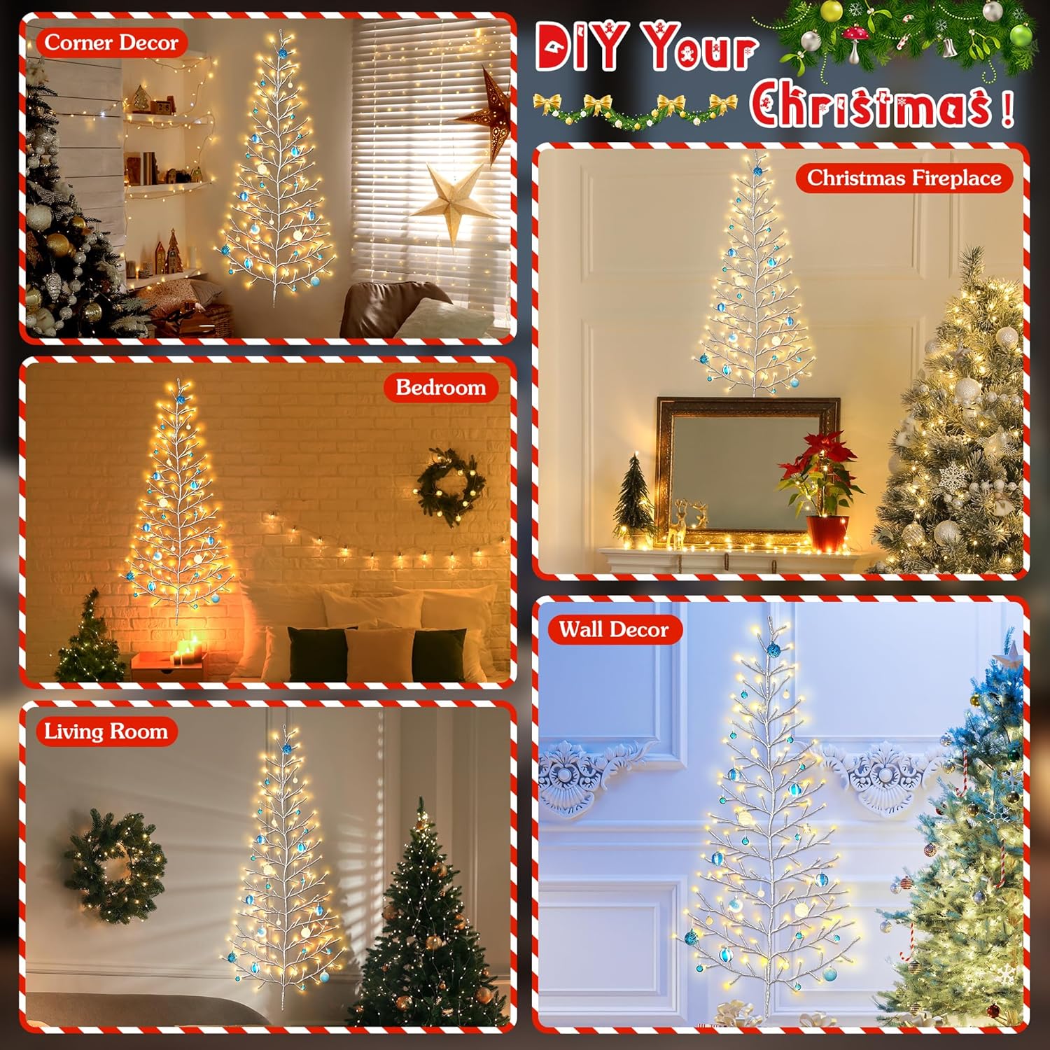 5 FT 144 LED Lighted Wall Christmas Tree with Decorative Balls, 8 Light Modes Plug in Half Christmas Tree, Hanging Flat Mounted Trees for Holiday Apartment Room (Silver, Blue and White)
