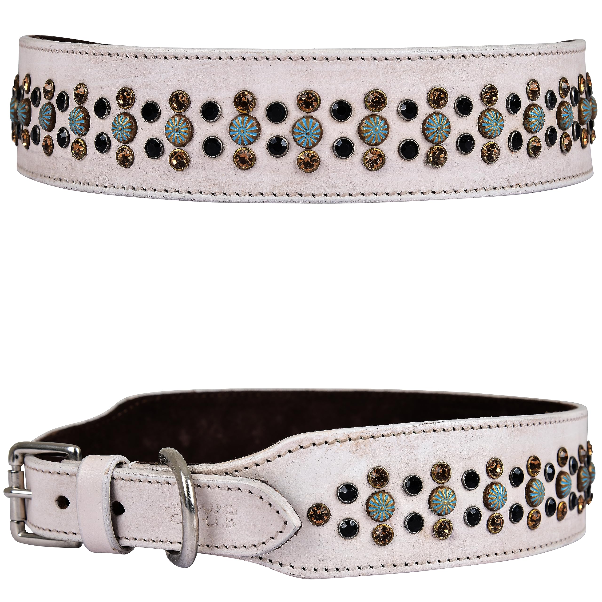 DowgClub Genuine Leather ‘Cupola’ Series White Dog Collar | Rhinestone | Soft, Cushion Padding, Handmade | Best for Medium, Large, XL Breeds (M (Neck