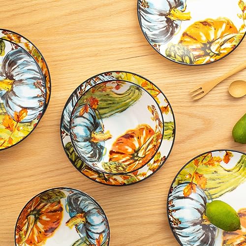 Miniatura 9 de HONGJUNLEE Juego de 6 platos de ensalada de cosecha otoñal de 8 pulgadas, platos llanos de cerámica para pasta, panqueques, bistec, platos de postre