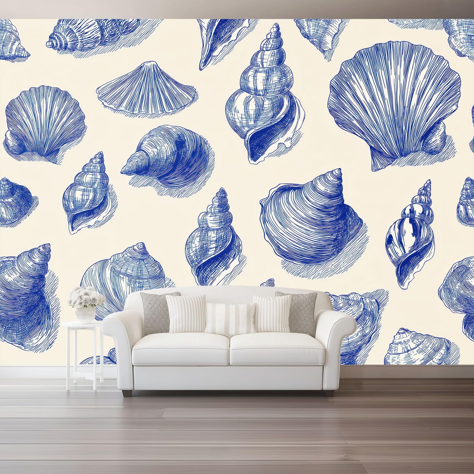 Papier peint panoramique bleu chambre salon motif mer coquillages intissé 350x256
