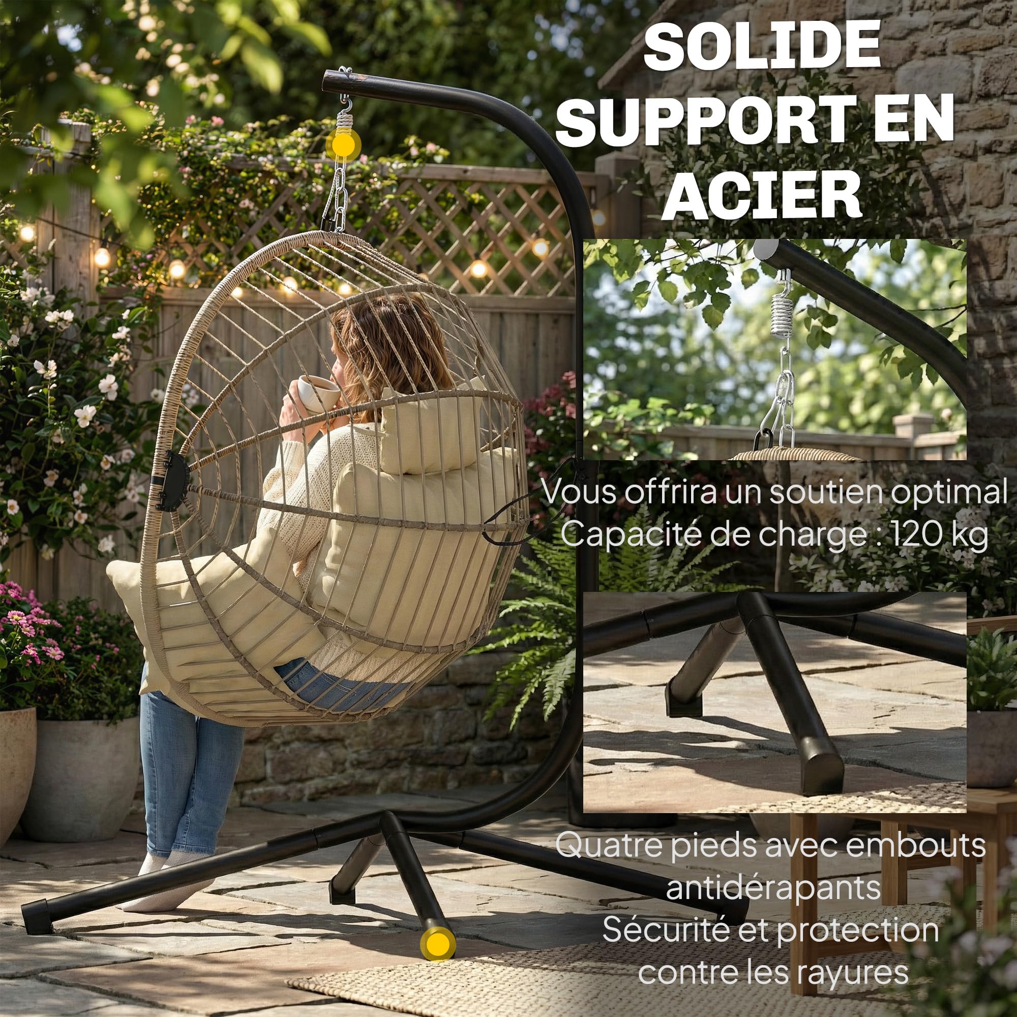 Outsunny - Sillón colgante, silla colgante para hamaca, cesta plegable, cojín acolchado, bolsillo, almohada, silla colgante para interior y exterior, color caqui