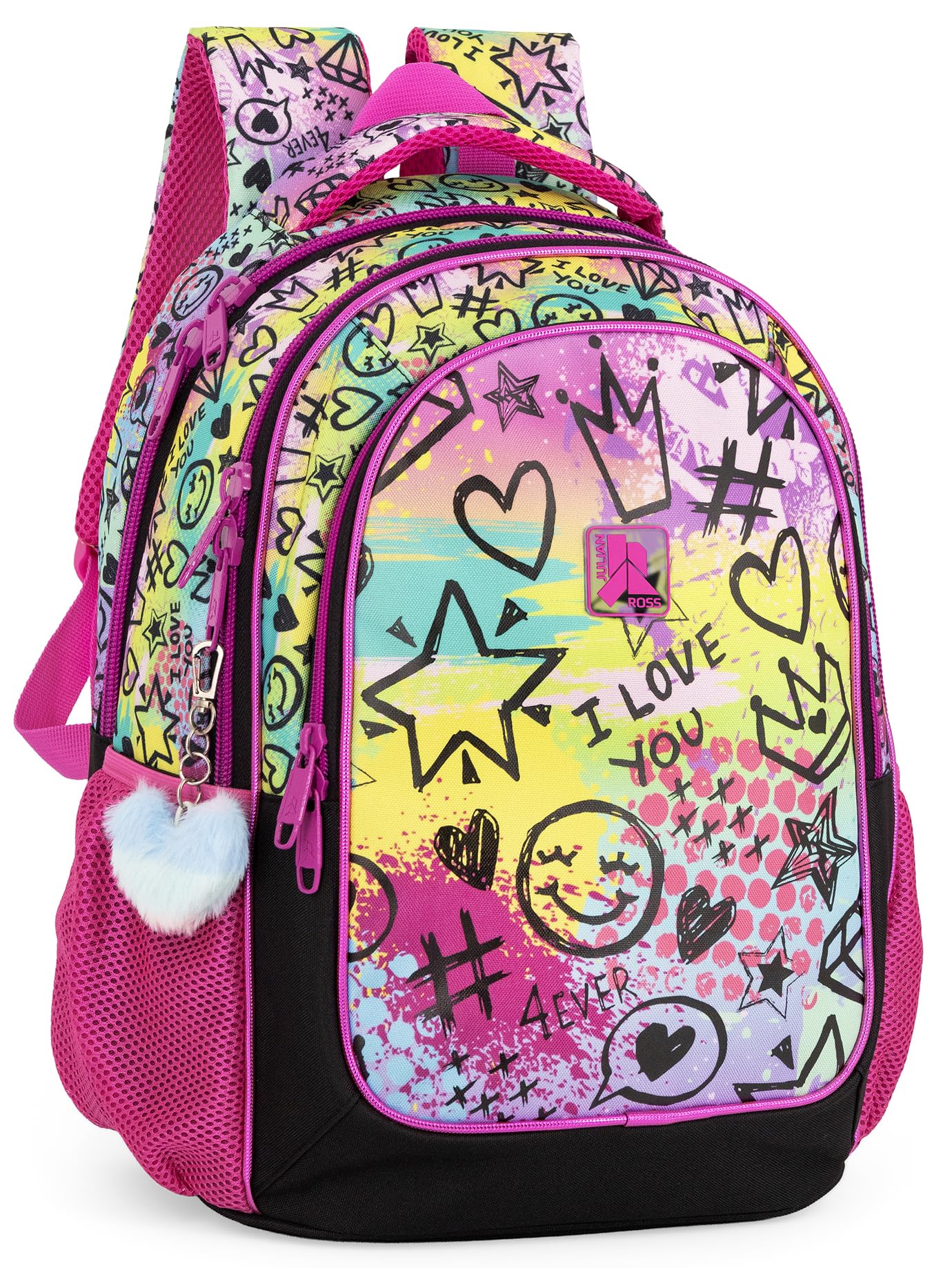 Pack Escolar Niña Primaria - Mochila Ergonómica Gran Capacidad 43x33x20 cm y Estuche 3 Cremalleras Completo (46 Piezas) - Diseño "Shiny Mood" con Llavero Pompón (6-10 Años)