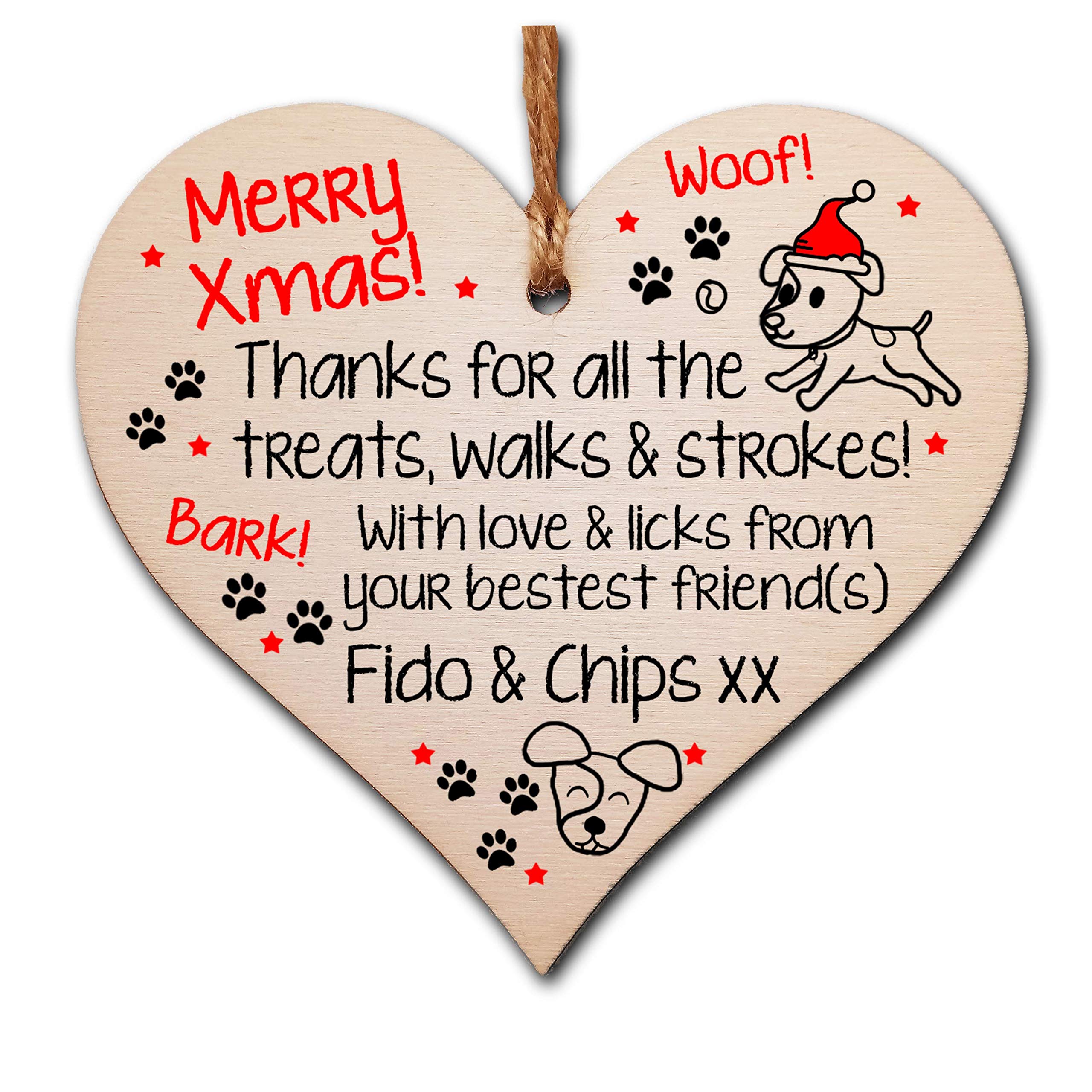 Personalised Handmade Wooden Christmas Hanging Heart Plaque Gift Merry Xmas Thanks for all the treats and walks from dog pet present dog mum dad paws cute novelty