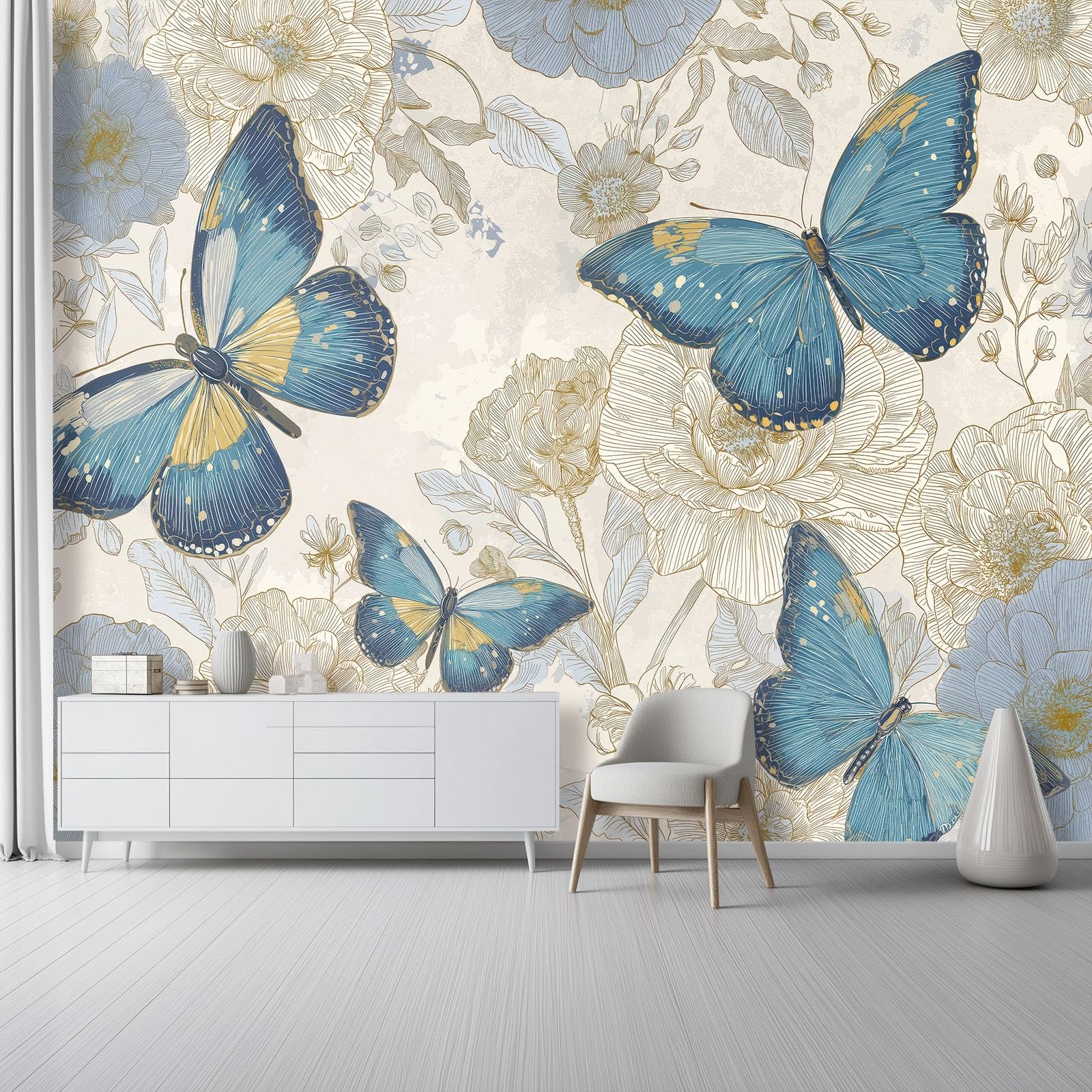Tapeta panoramiczna 400 x 280 cm, retro motyl kwiaty tapeta z motywem do zabaw i żłobka, niebieska