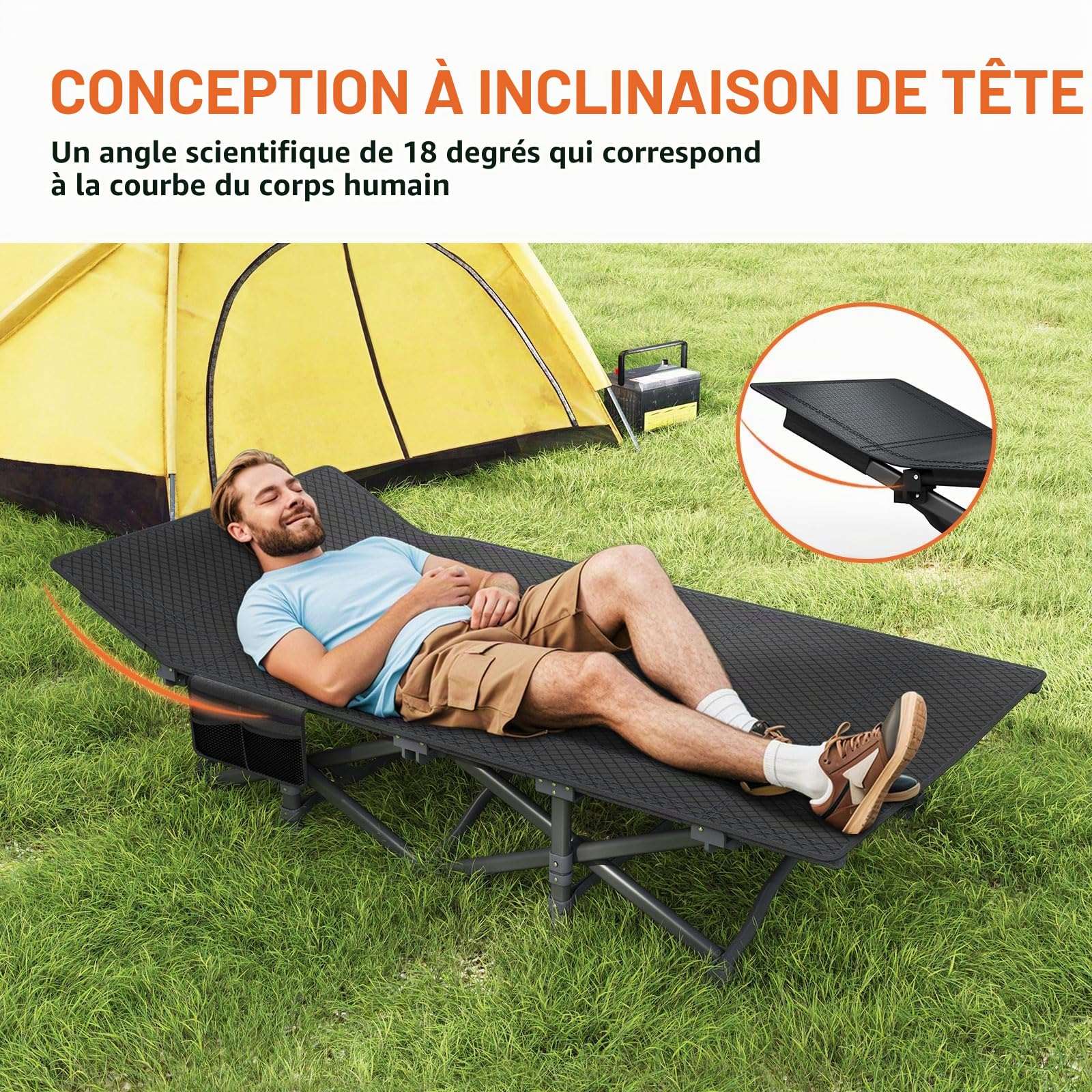 ATORPOK SHOP Lit de camping lit de camp pliable, Lit d'appoint pliable jusqu'à 200 kg, avec poche latérale, chaise longue de camping portable, extérieur, jardin, voyage, camping, intérieur (gris)
