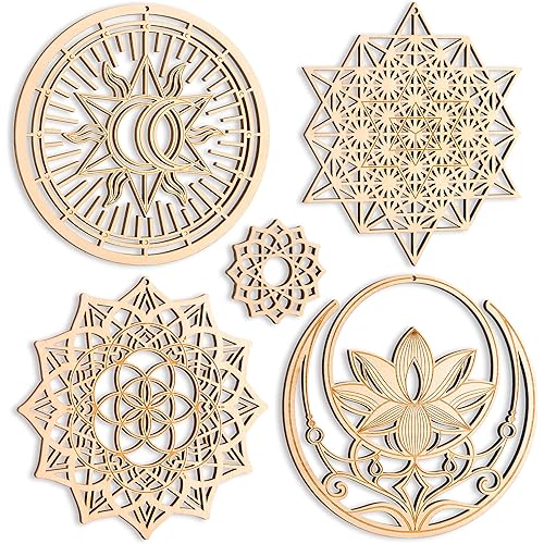 Qallicon 5.31" Sacred Geometry Wall Art 4 PCS Set, (Mandala, Buddha Lotus, 64 Star Tetrahedron, Sun Moon and Stars) Crystal Grid Meditation Chakra Wooden Wall Art Yoga Decor Spiritual Gifts