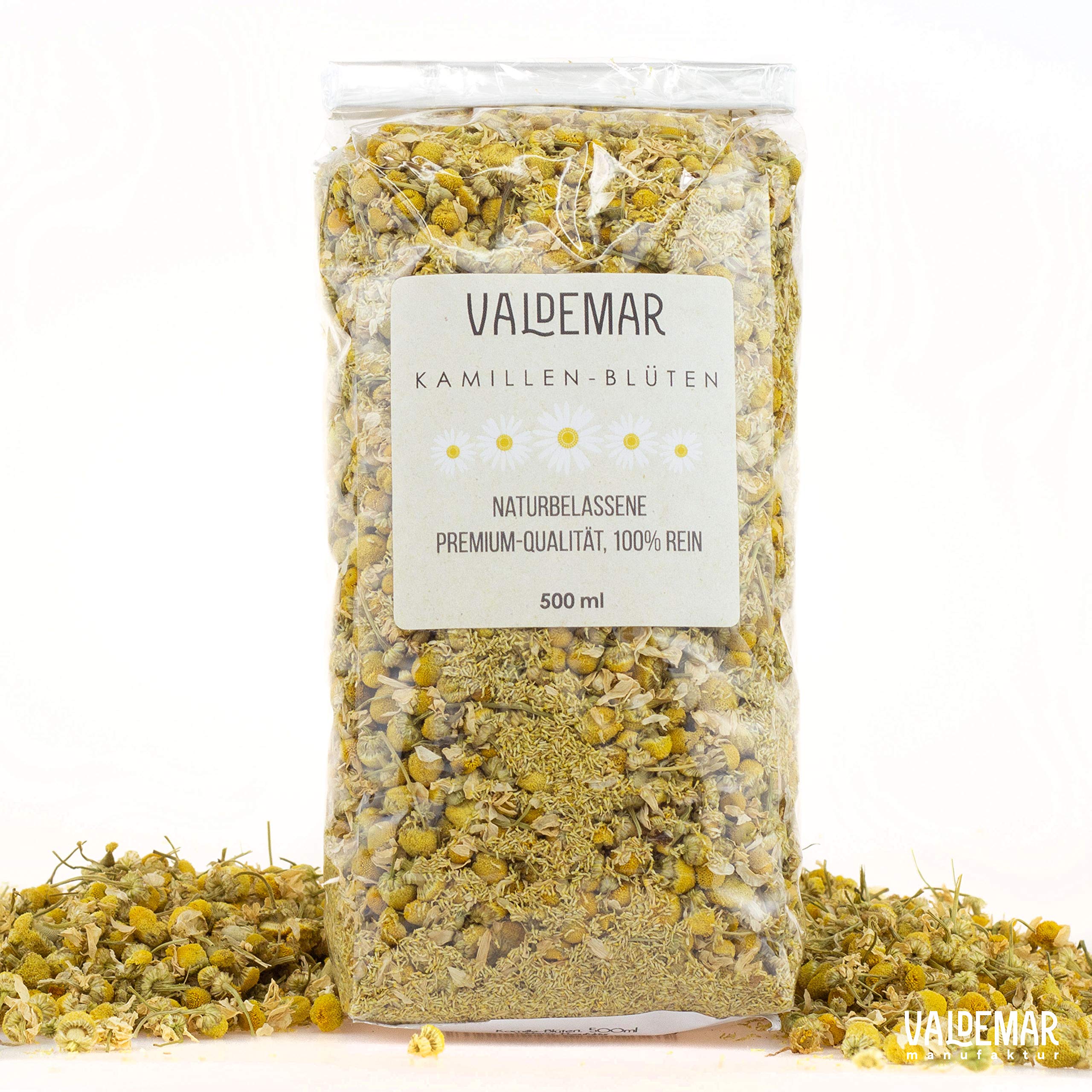 VALDEMAR MANUFAKTUR Handmade Chamomile-Blossoms 500ml (Matricaria chamomilla), Edible - handpacked in Germany