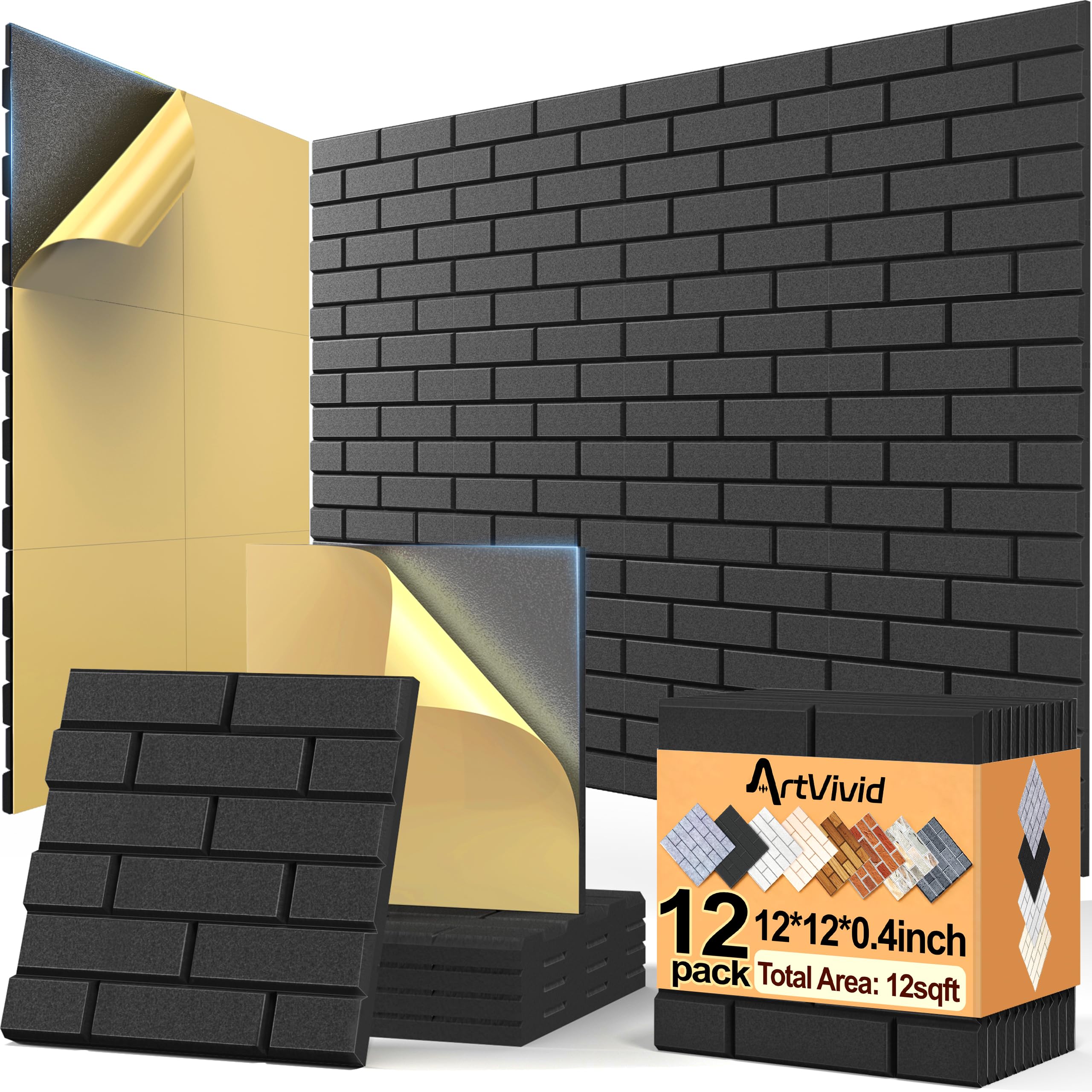 ArtVivid 12Pack Acoustic Panels, Brick Pattern Sound Proof Panels for Walls