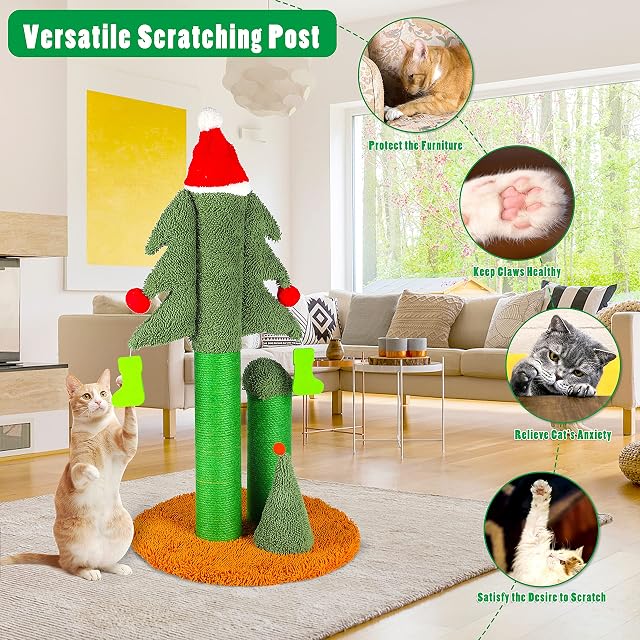 Foto 5 de 8 de ScratchMe - Rascador para Gatos de 32 Pulgadas, árbol de Navidad Alto con 3 Postes y Bonitas Bolas Colgantes…