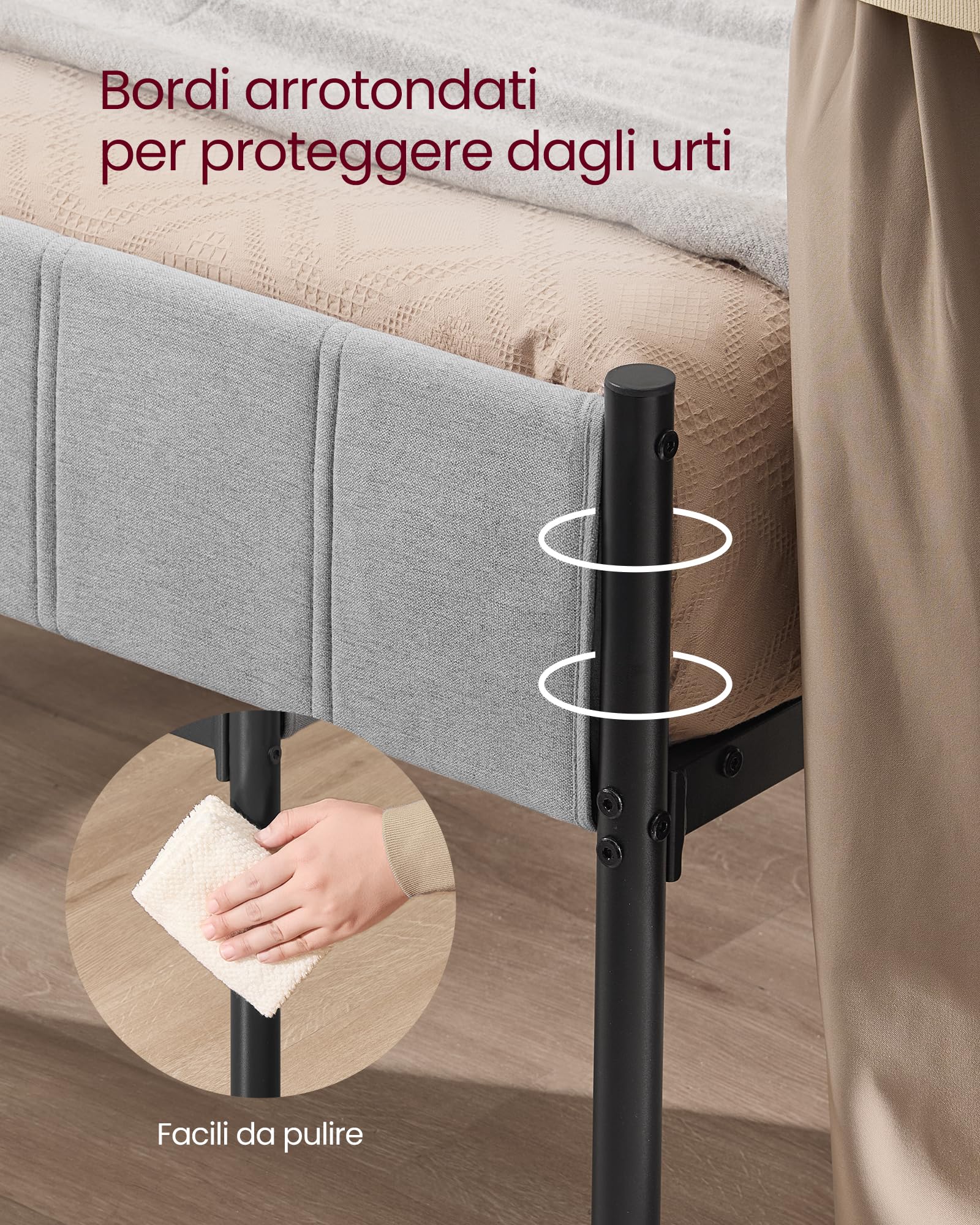 VASAGLE Struttura Letto Matrimoniale, 160 x 200 cm, con Testiera Imbottita, Telaio del Letto, Doghe in Acciaio, Regge fino a 500 kg, Montaggio Facile, Grigio Tortora RMB975G01