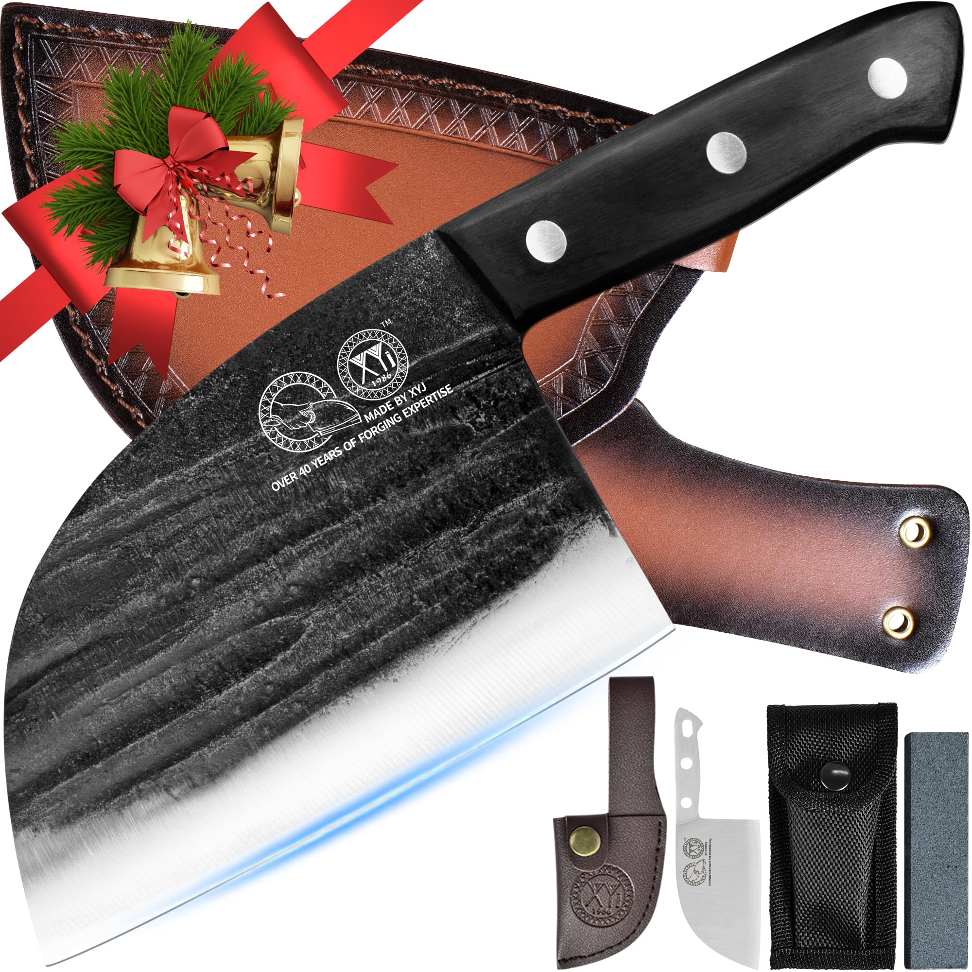 XYJ Authentic Since 1986,6 Inch Serbian Chef Knife With Sheath,Handmade Forged Ancient Outdoor Camping Kitchen Butcher Knife,Vegetable Cooking Meat Knives,Full Tang