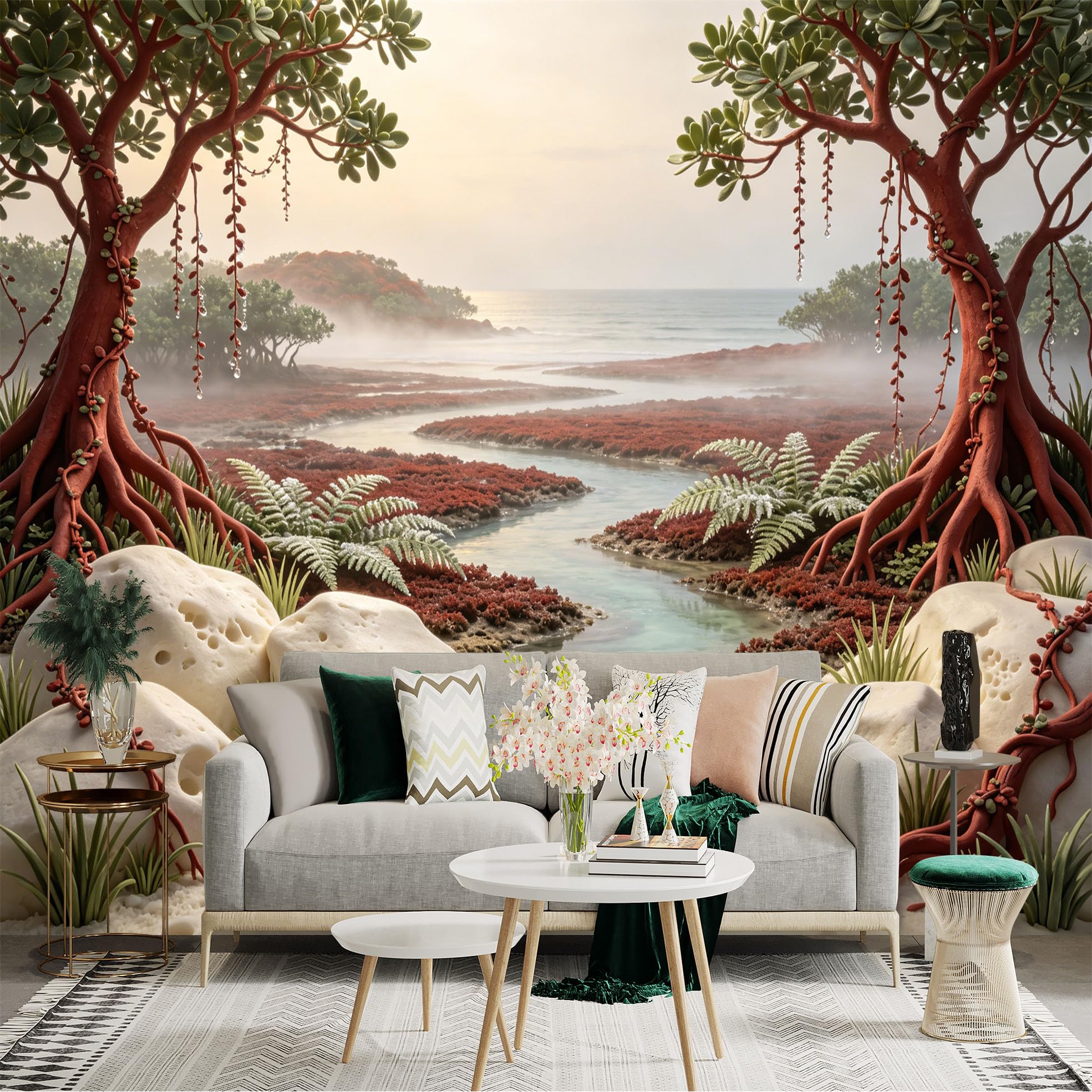Custom Size Wall Sticker Mural， Tropical Mangrove Trees with Misty River and Ocean View， for wall Decoration， peelandstick wall Decals.