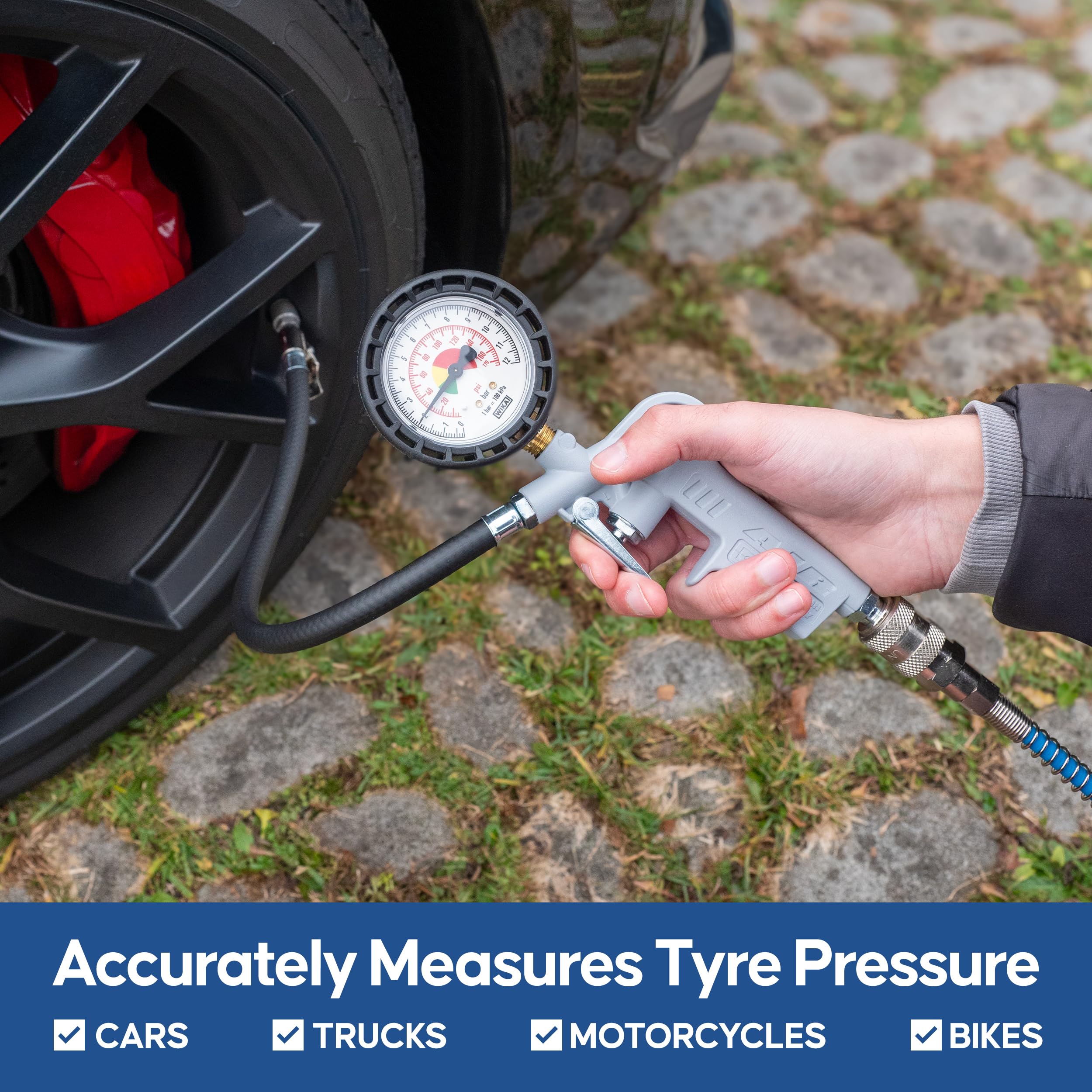 GAV Bandeninflatormeter met WIKA 63 mm manometer, aluminium bandeninflatorpistool, professionele bandenspanningsmeter, perslucht voor auto, motorfiets, vrachtwagen, 60D, standaard
