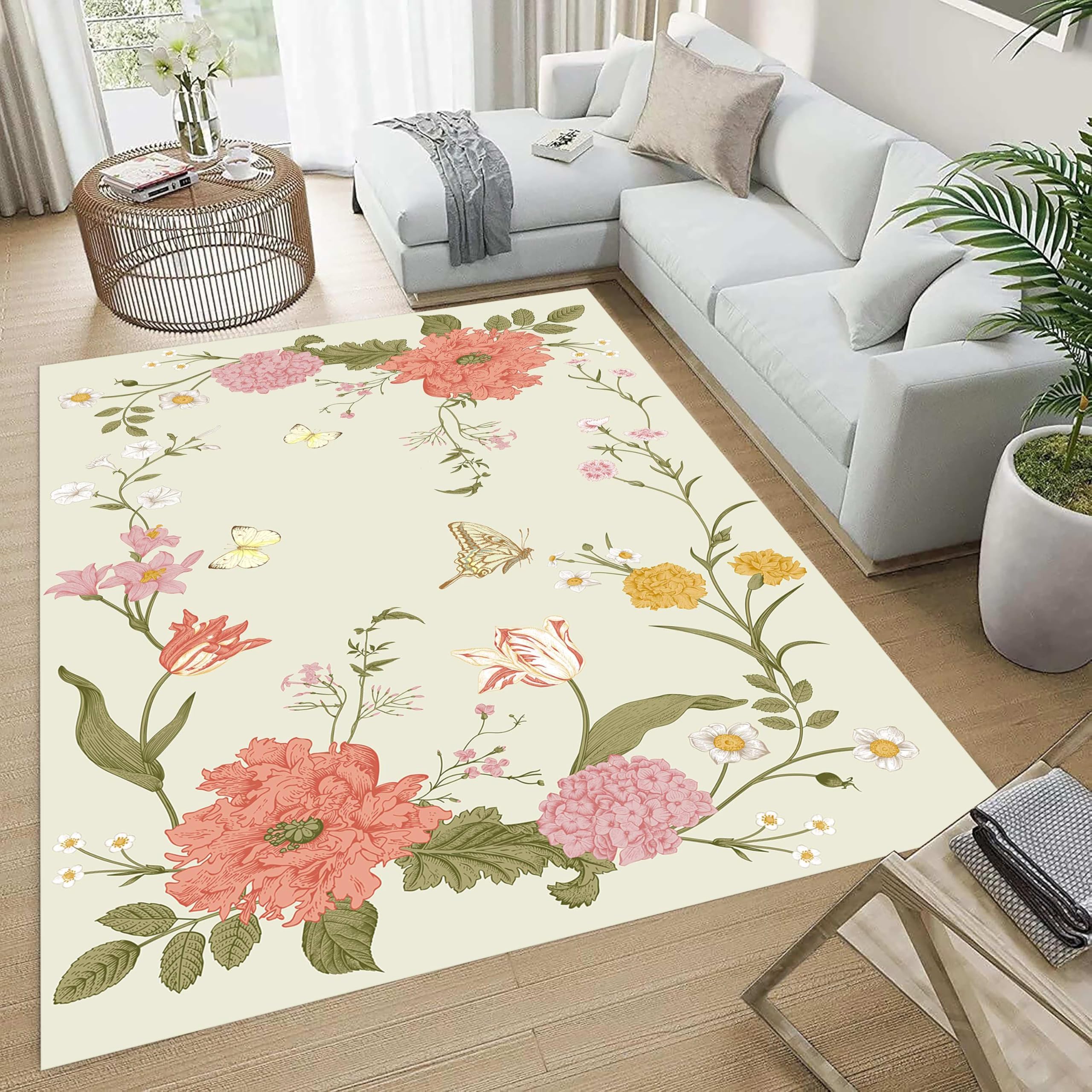 Tapis bohème salon beige 200x200 cm à motif floral et papillons