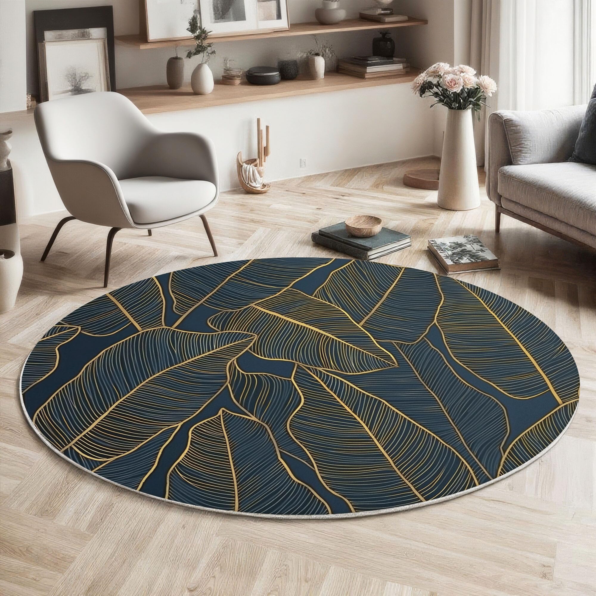 Tappeto Rotondo Salotto 100cm, Piante di lusso File di foglie di banano Tappeto Soggiorno Antiscivolo Pelo Corto, Tappeti Rotondi Lavabile Morbido Tappeti Camera da Letto Oro