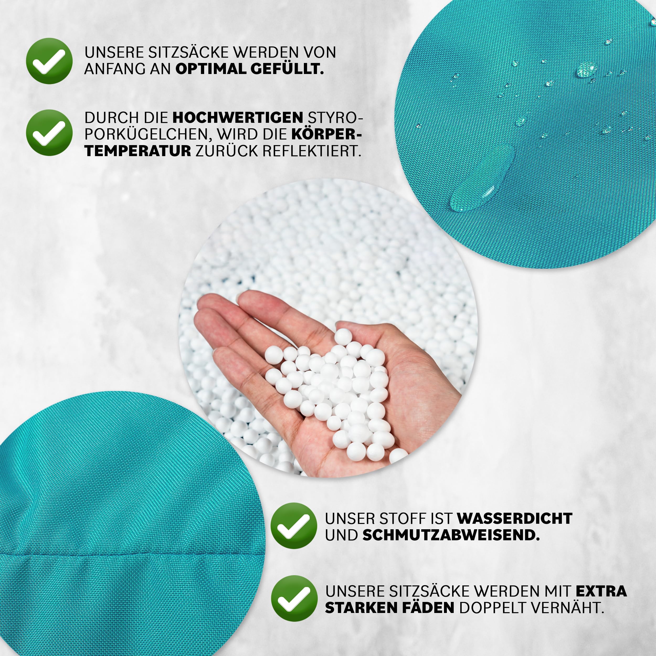 Premium 2-in-1 Sitzsack mit Füllung | Fußhocker | für Kinder & Erwachsene | Outdoor & Indoor | Sitzkissen | Bodenkissen | Wasser- & schmutzabweisend + Sitzpouf 35x35x35cm (Türkis, 145 CM + Sitzspouf)
