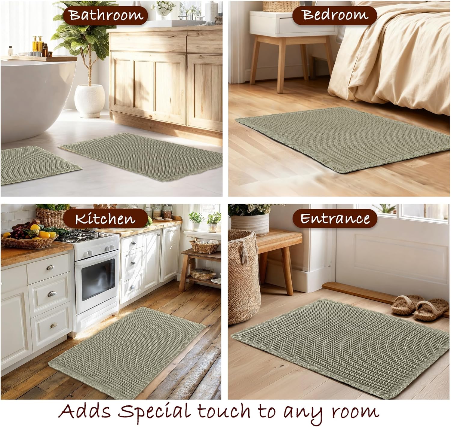 DWCN Olive Green Waffle Bathroom Mat, Boho Bath Rugs Super Absorbent Non Slip Bath Mats for Bathroom Floor, Ultra Soft Farmhouse Shower Mats for Tub and Shower, 20 x 32 Inch - Image 6