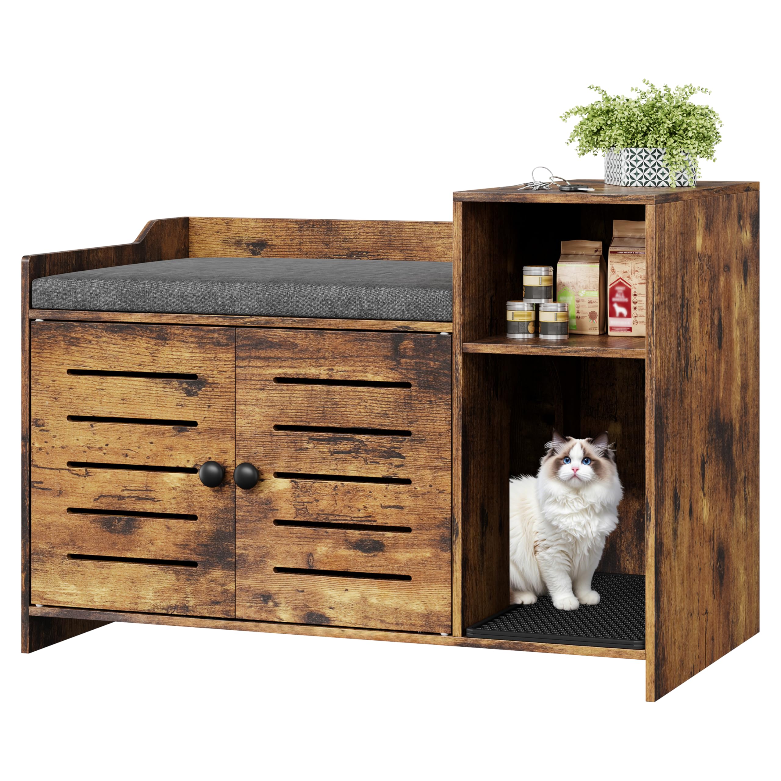 Cat Litter Box Enclosure, Hidden Litter Box Cabinet Furniture with Scratch Pad, Farmhouse Indoor Cats House with Storage Layer for Hallway, Bedroom