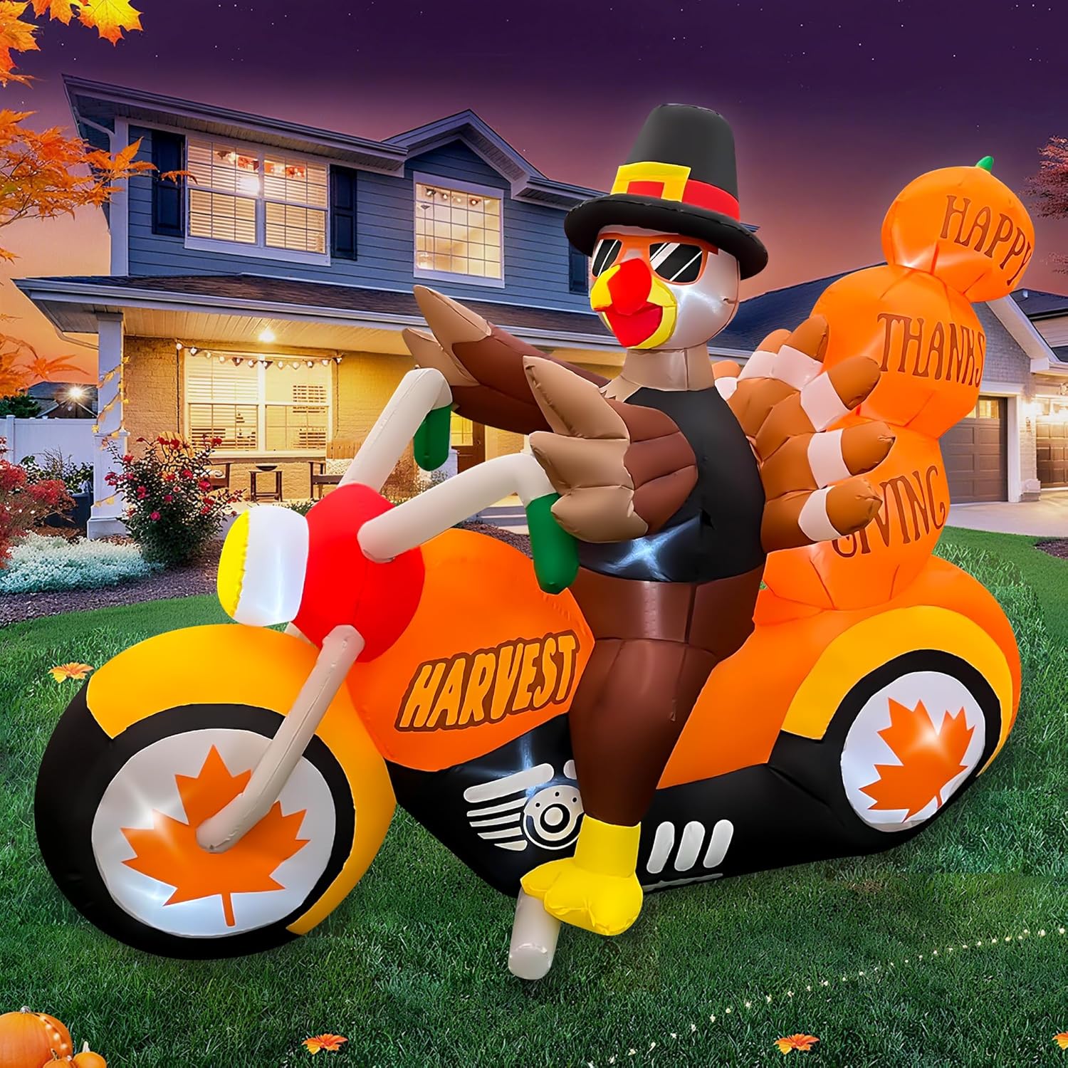 SEASONBLOW 6.5 FT Thanksgiving Inflatable Turkey Riding Motorcycle with Pumpkins Decoration, LED Light Up Thanksgiving Blow Up Turkey for Celebrate Autumns Fall Harvest Outdoor Garden Yard Decor