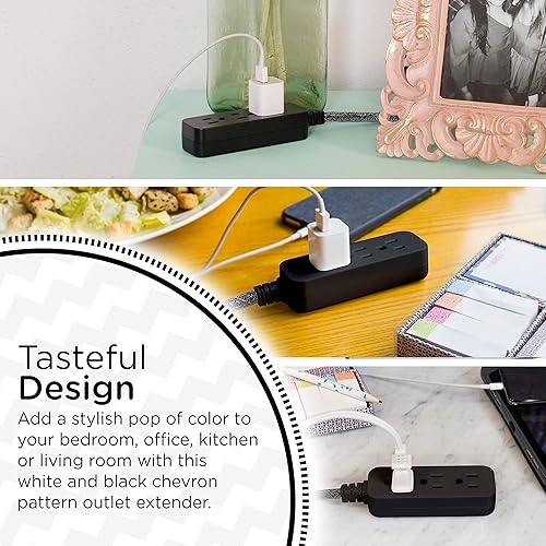 Miniatura 5 de Cordinate Designer 47298 - Mini tira de alimentación de 3 tomas, cable de extensión trenzado de 18 pulgadas, adaptador a tierra, enchufe plano de