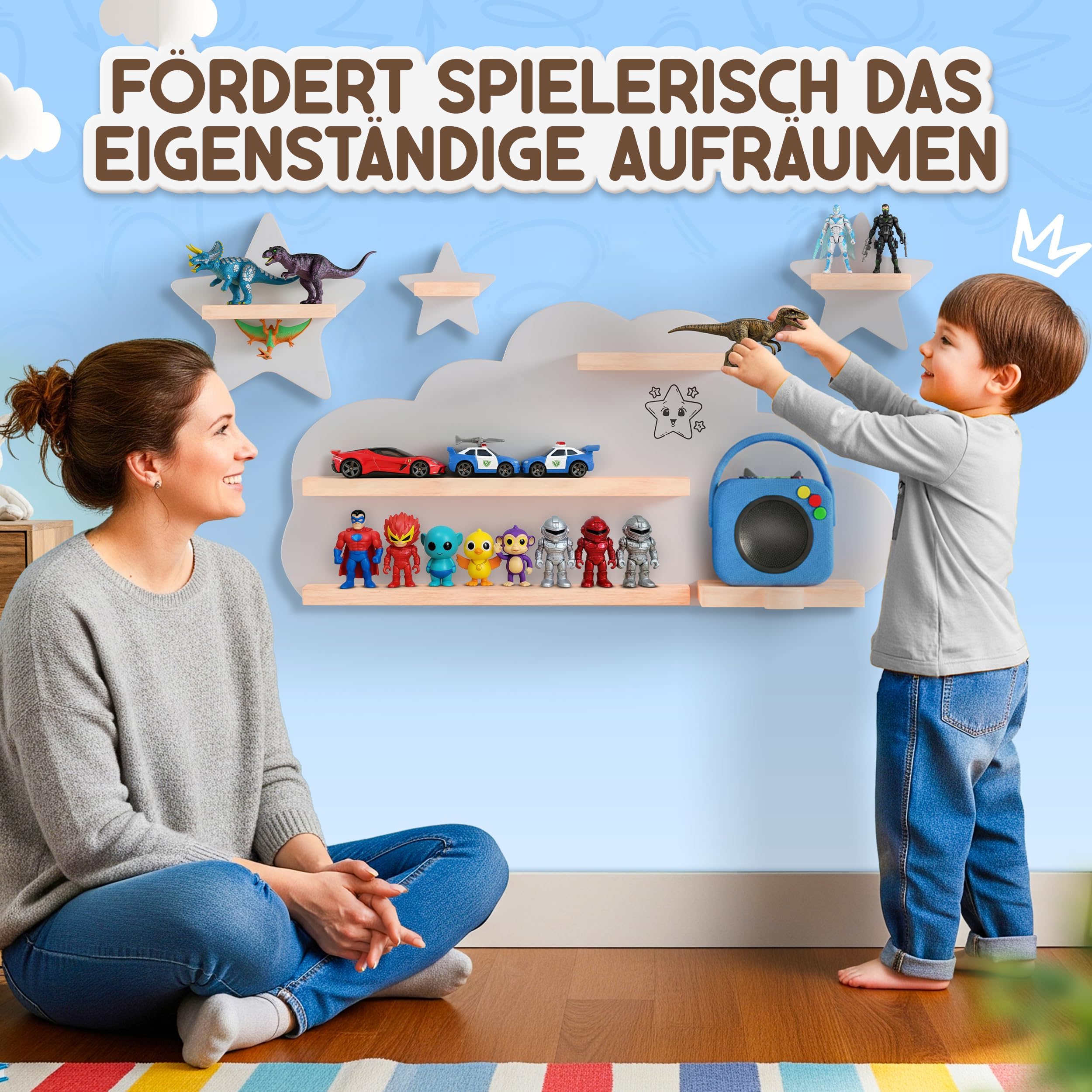 Twinklertoy’s Hörbox Wandregal aus Holz – mit magnetischer Halterung & zusätzlichen Sternen – für 30–37 Hörfiguren – Regal in Wolkenform fürs Kinderzimmer – kompatibel für Toniebox & Figuren