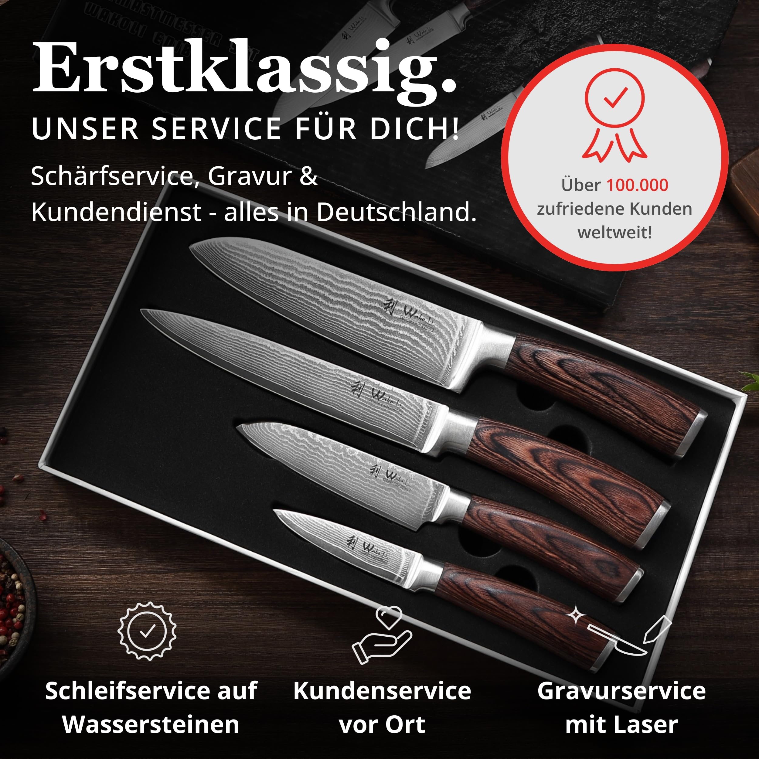 Wakoli EDIB 4-teiliges Küchenmesser Set aus Damaststahl (VG10 Kern) in edler Geschenkbox – Scharfes Damastmesser Set mit Pakkaholzgriffen – Messerset mit 2x Santoku, Fleischmesser & Officemesser