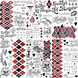 COKTAK 6 Sheets HQ Temporary Tattoos For Women Kids Men Halloween Makeup Kit Cosplay, Fake Face Joker Tattoos Stickers, Prison Prisoner Inmate Rapper Halloween Temporary Tattoos Rave Party Accessories