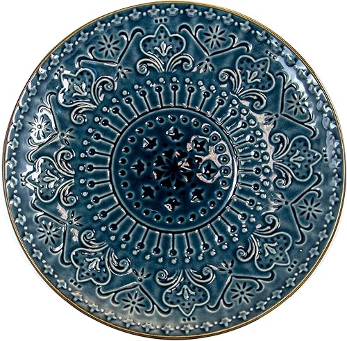 Miniatura 9 de Elama Juego de vajilla redonda de cerámica en relieve, 16 piezas, azul marino con ribete marrón