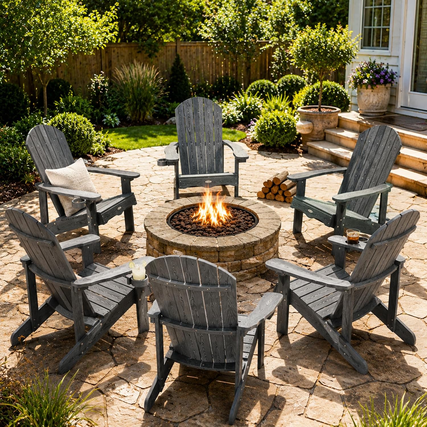 Y&M Adirondack Chair, Dark Grey Fire Pit Chairs, Outdoor Patio Chairs with Cup Holder, Weather Resistant HDPE Wooden Textured Patio Chairs, Perfect for Garden, Lawn, Deck, or Poolside