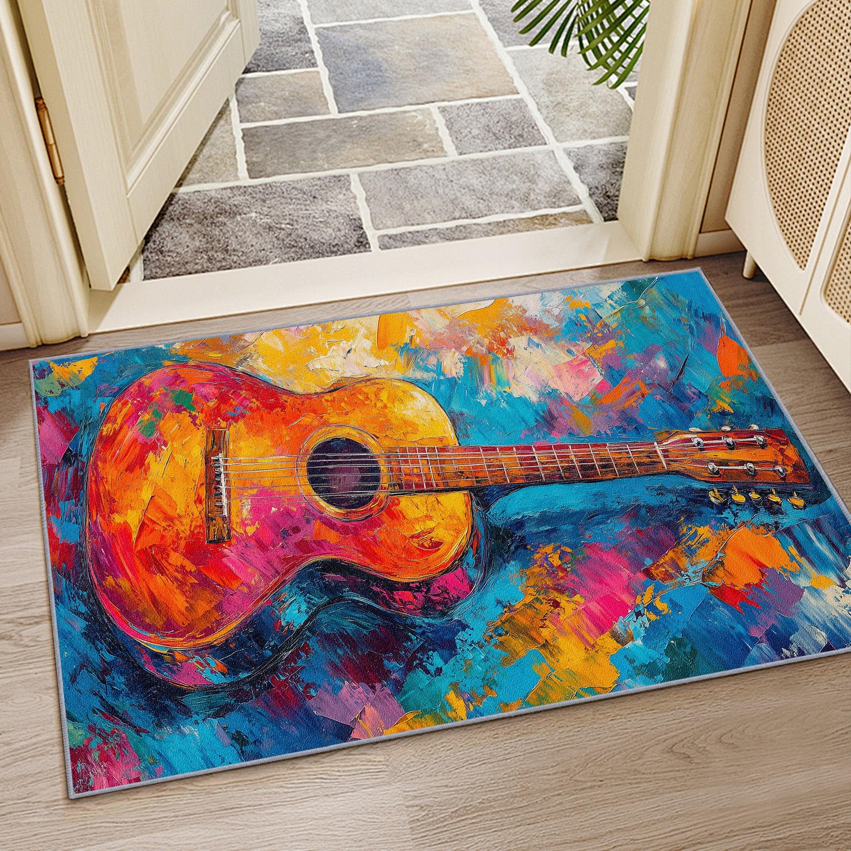 Gitarre Teppich 140x200 cm, Bunt Musik ölgemälde Teppich Wohnzimmer, Musikalisch Abstrakt Kunst Kurzflor rutschfest Pflegeleicht Teppiche Für Jugendzimmer Schlafzimmer, Orange Blau Rosa