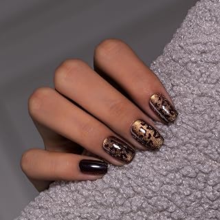 KQueenest Dark Brown Press On Nails Short Square with Leopard Design, Glitter Gold Cat Eye Fake Nails With Glue, Handmade Cute Chrome Black Glue on Nails for Women Fall Winter Decoration, 30 Pcs