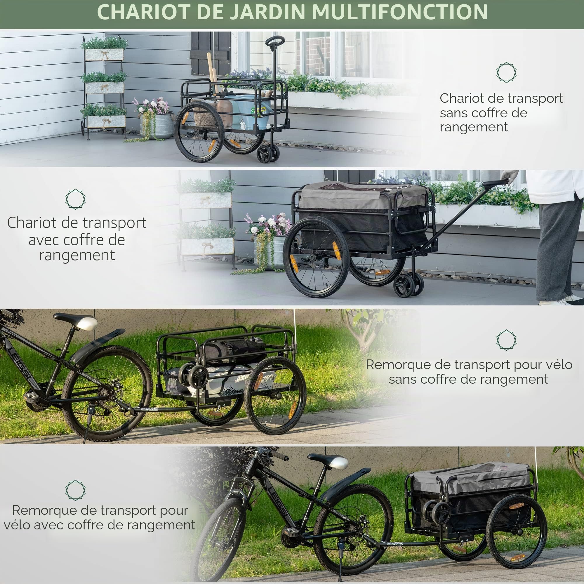 HOMCOM Remorque de vélo 2 en 1, remorque de transport, pneus 20 pouces, 40 kg de charge, acier, tissu Oxford, noir+gris, 130 x 64 x 64/103 cm