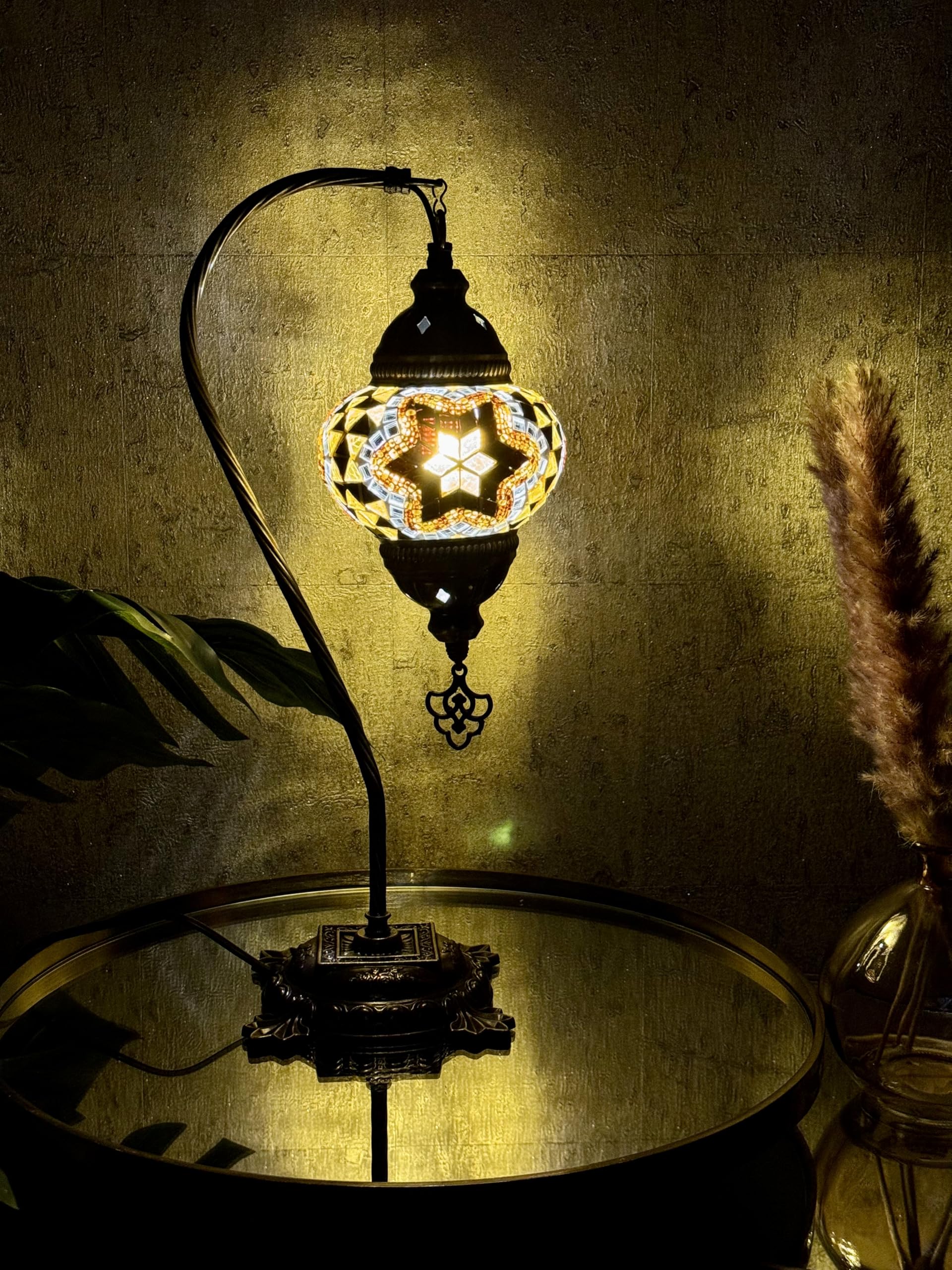 Lightza Handmade Turkish Moroccan Mosaic Desk Lamp LED Bulb | Swan Neck Unique Globe Lampshade Table Light | UK Tested Safe Energy Efficient (Chocolate Brown Star)