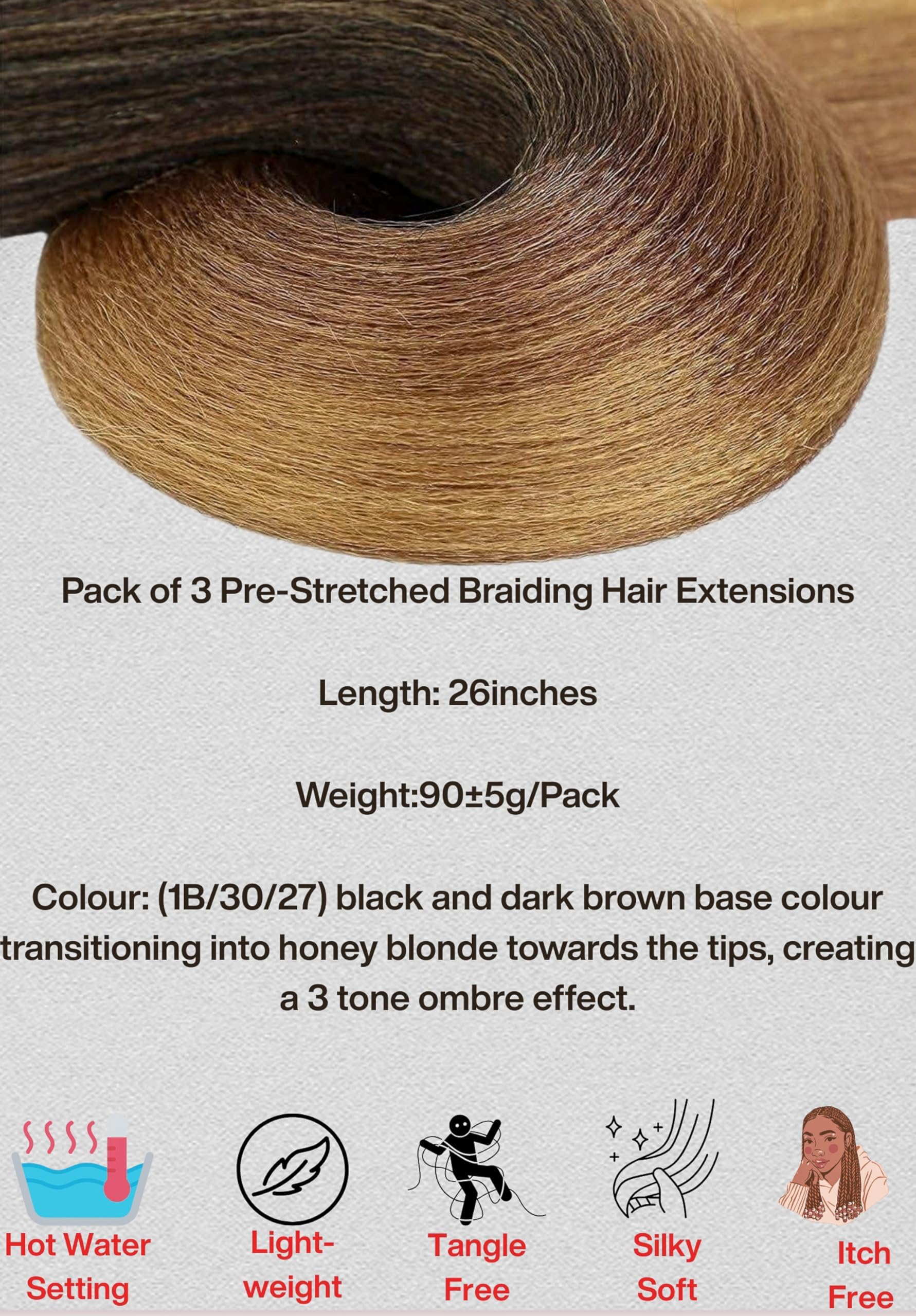 BillionHers Pre Stretched Braiding Hair 3 Pack Synthetic Yaki Hair Extensions for Braiding Knotless Braids (Natural Black/Dark Brown/Honey Blonde (1B/30/27)) - Image 3