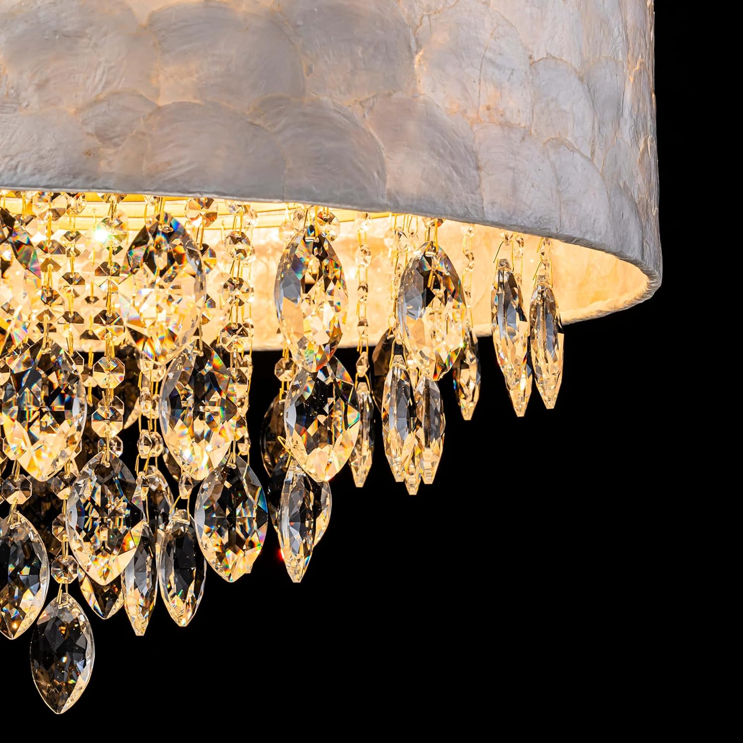 X-Large 6-Light Drum Capiz Shell K9 Crystal Chandelier, Coastal Style Pendant Light Fixture for Dining Room, Living Room, D24 * H24~70 Inch (Adjustable), Clear Crystal & Brass Finish