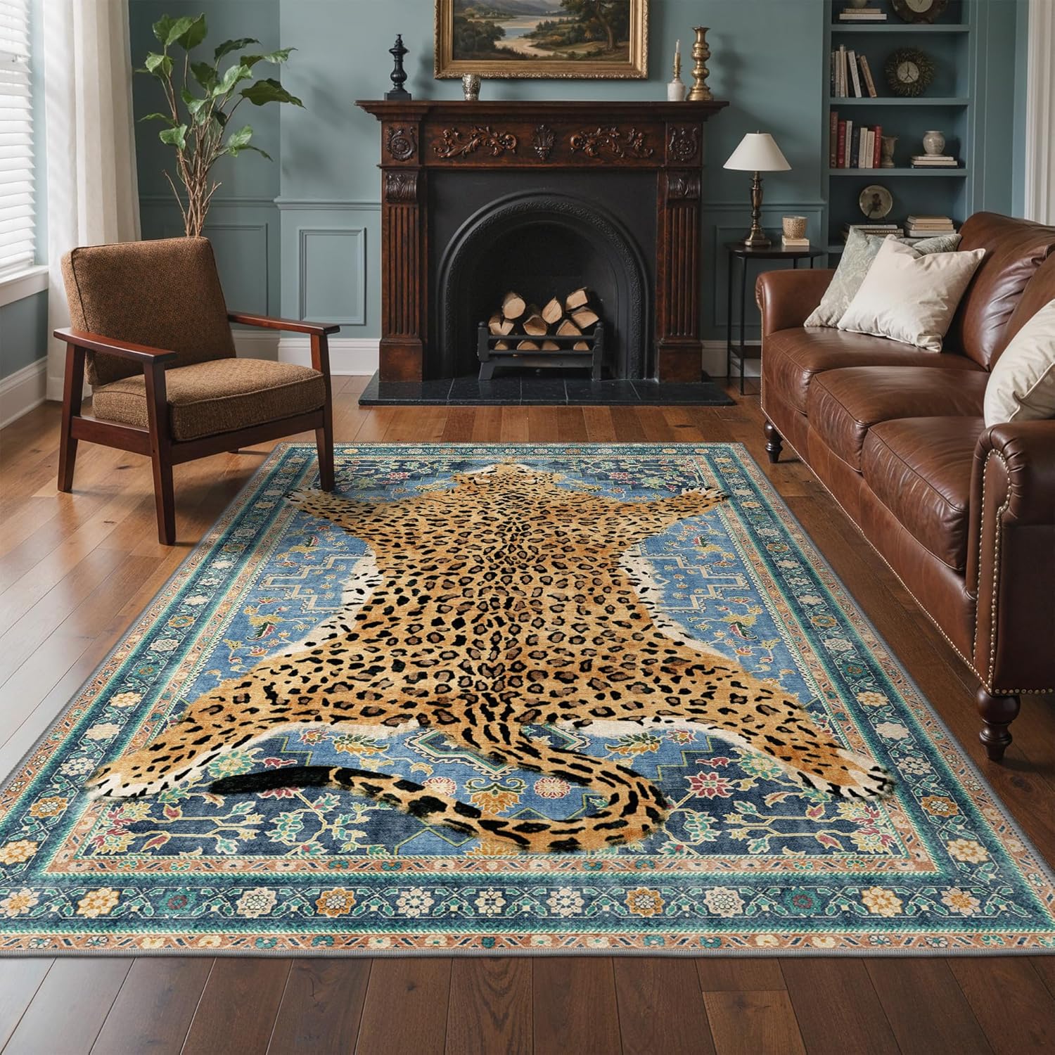 Bavni 6x9 Leopard Rug, Machine Washable Cheetah Animal Print Low Pile Boho Woodland Jungle Carpet, Non-Slip Non-Shedding Pet Friendly Rug for Living Room Playroom Nursery Bedroom Dining Room, Blue