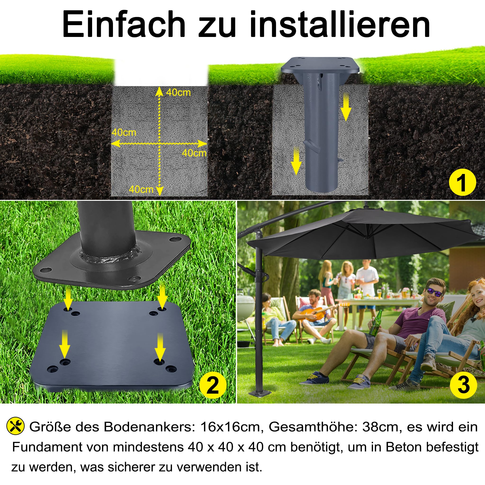 LARS360 Universelle Bodenhülse Universal-Bodenplatte Sonnenschirmständer Schirmständer aus Metall mit Bodenplatte für Sonnenschirme (2 Stück, Dunkelgrau)