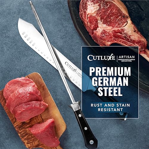 Miniatura 7 de Cutluxe Varilla de afilar, acero de afilado para cuchillos de cocina, acero de afilado de 12 pulgadas, diseño de mango ergonómico, serie artesanal