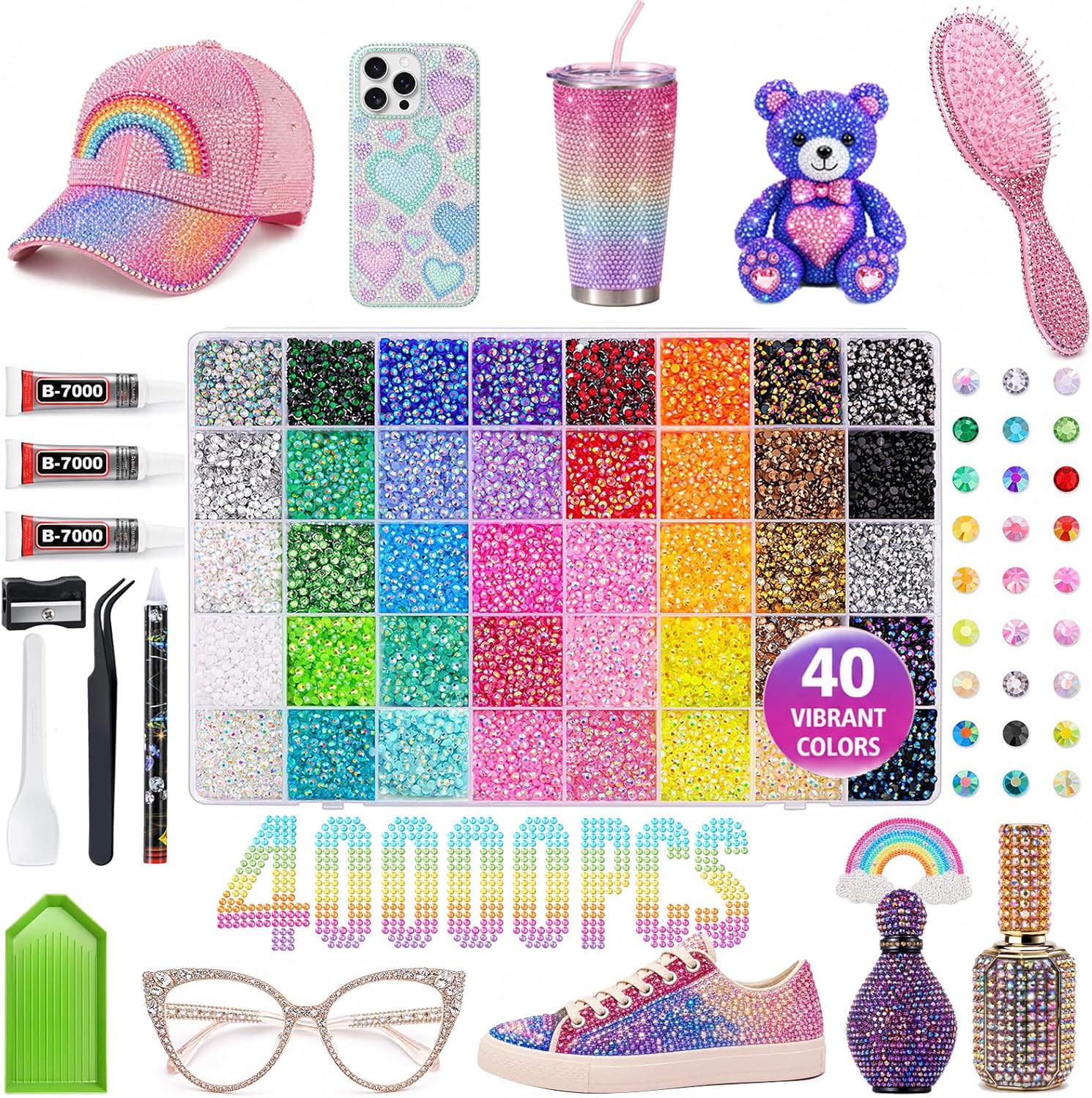 40000Pcs Resin Rhinestones Bedazzling Kit 3mm Mix Colors Flatback Jelly Gems for Diamond Art DIY Tumblers Shoes Caps Clothes Crafting Nails Book Makeup with Complete Upgraded Tool Kit