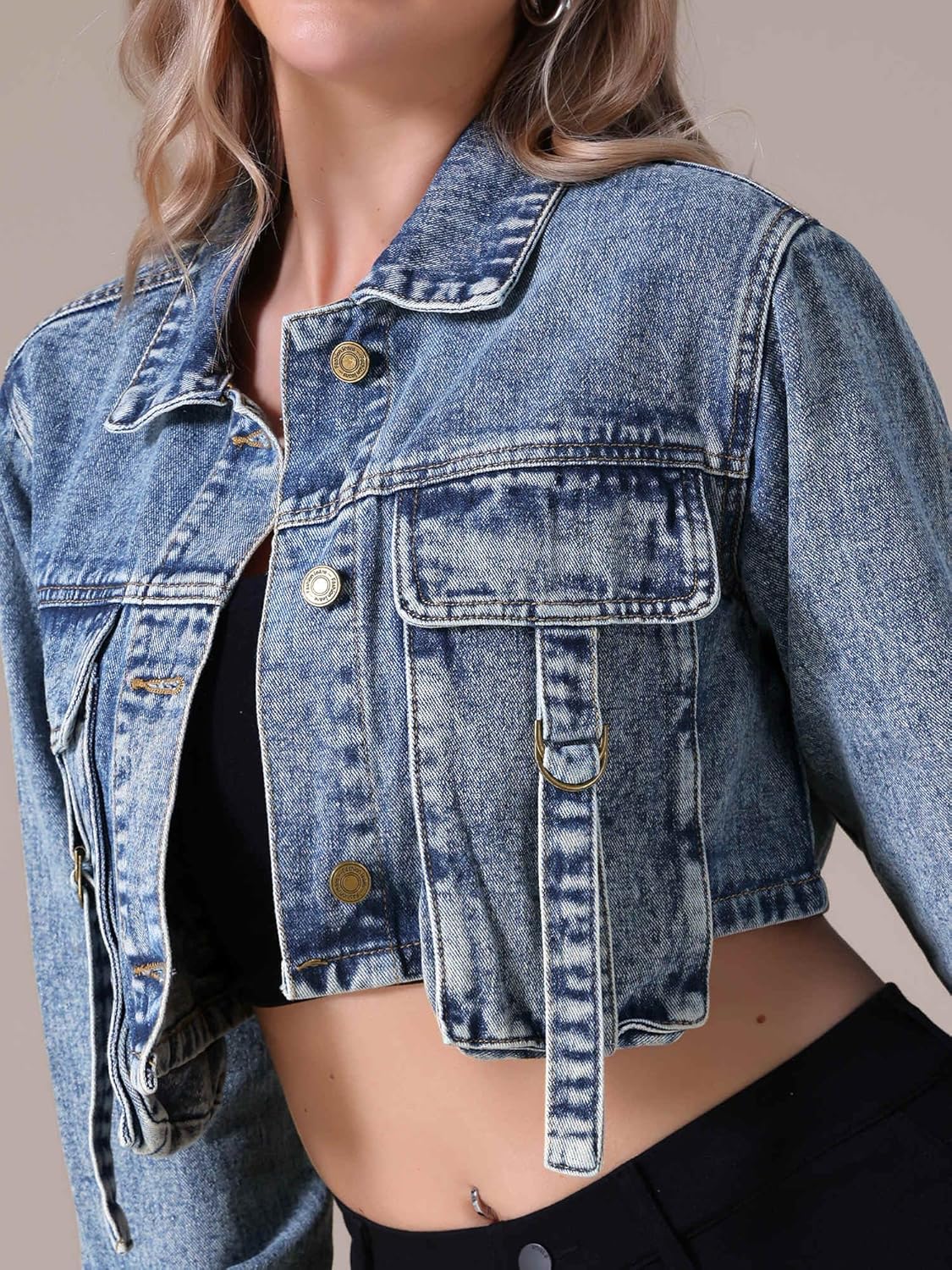 Women Cropped Jean Jacket Long Sleeve Classic Casual Denim Jackets