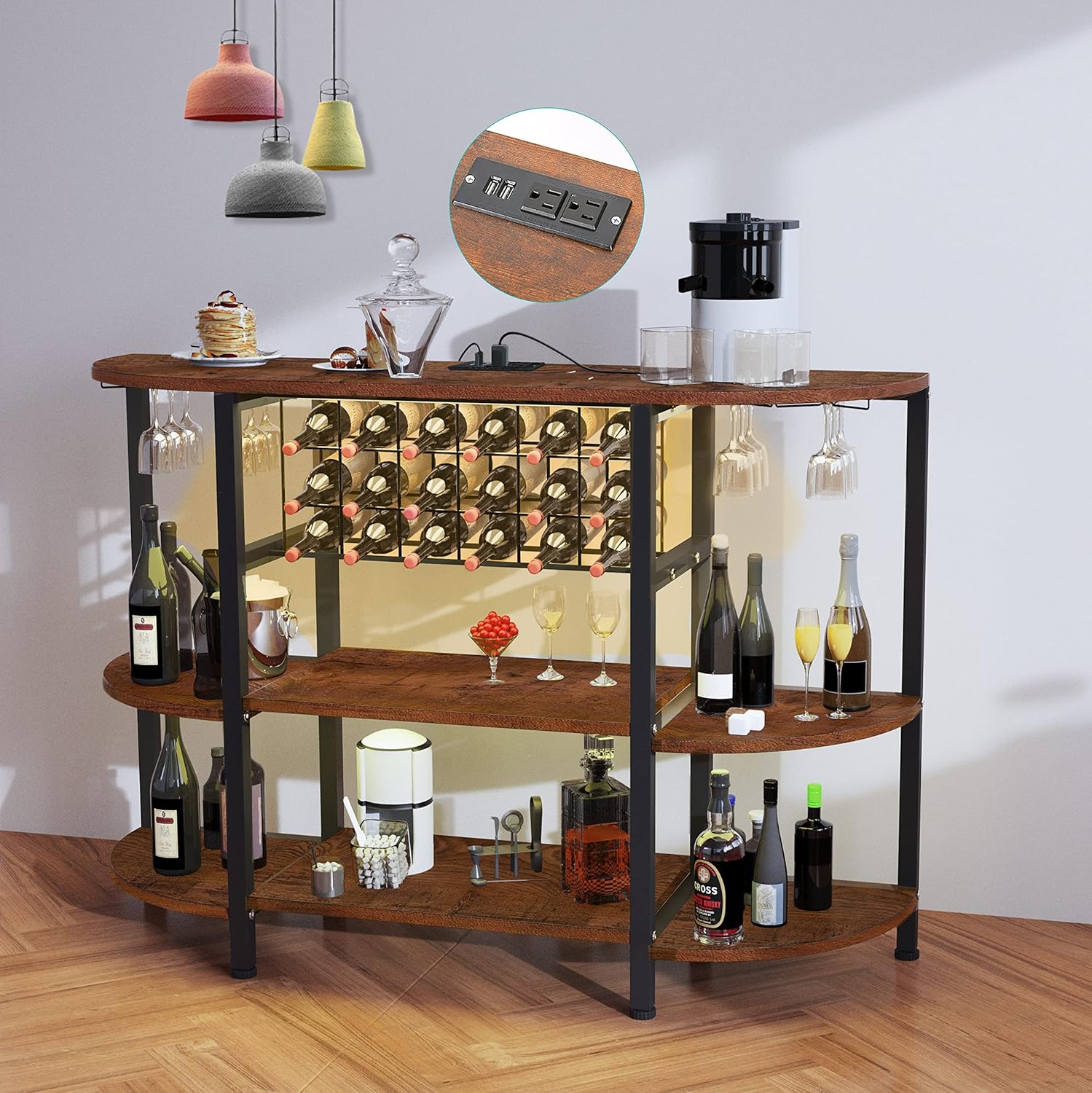 Wine Rack Table with Power Outlets and Led Lights