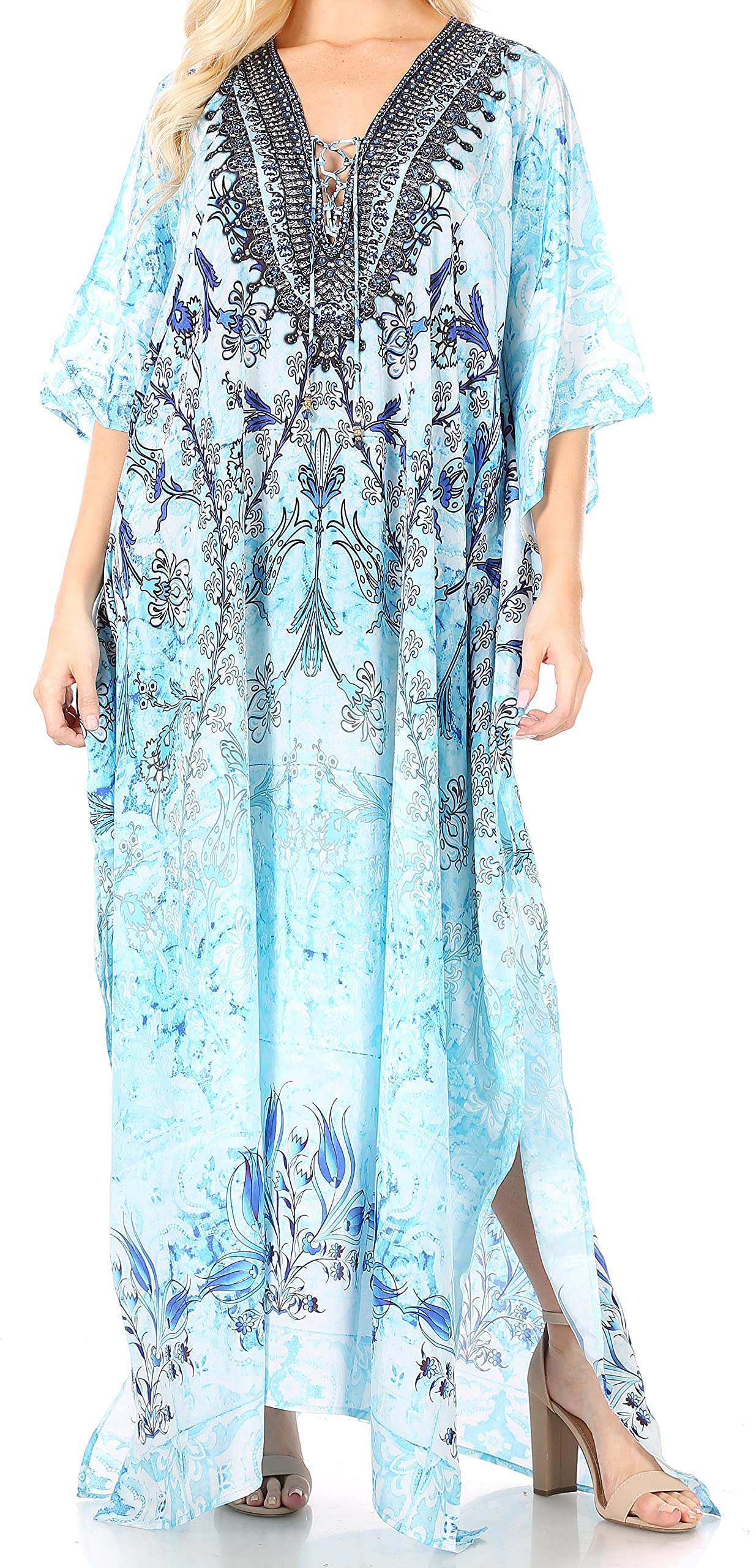 Sakkas Yeni Women's Short Sleeve V-Neck Summer Floral Long Caftan Dress Cover-up