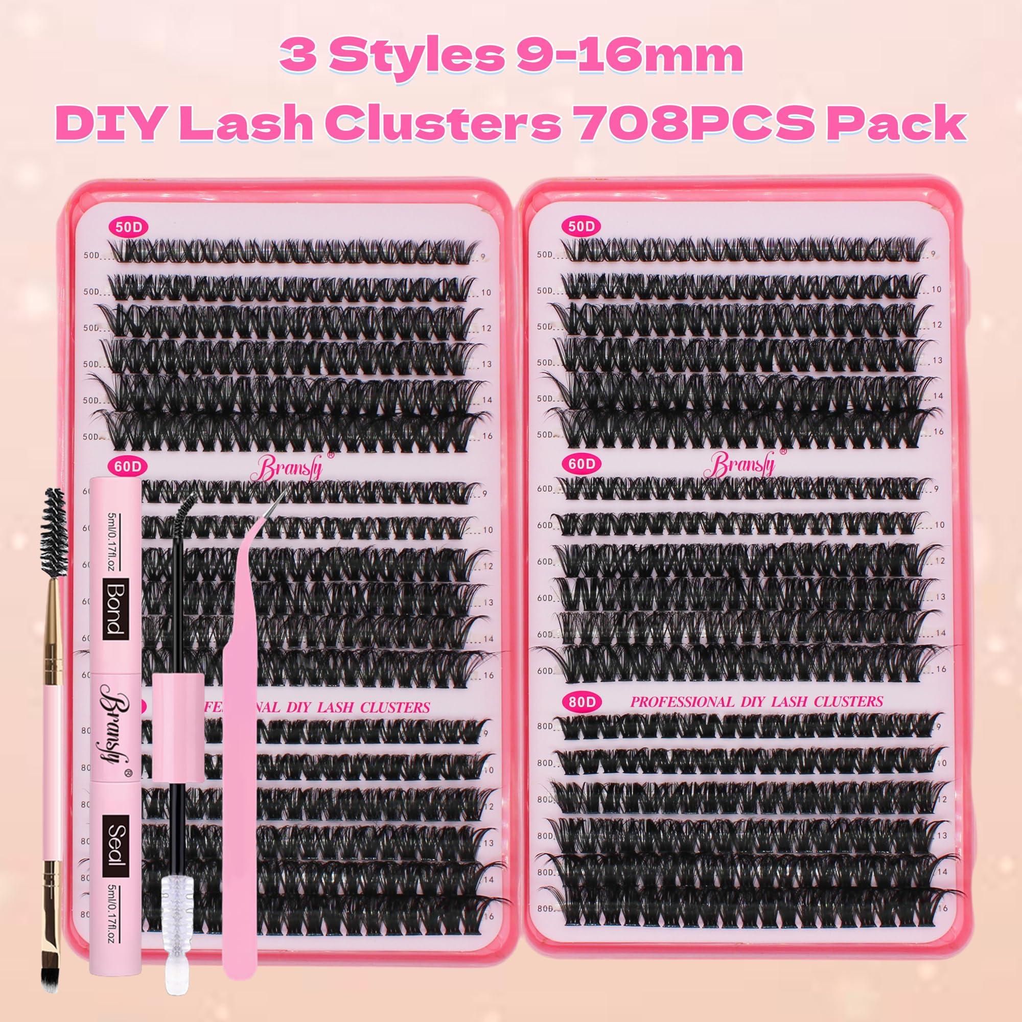Bransfy 3 Styles 708pcs Lash Clusters Kit DIY Lash Extension Kit D Curl Eyelash Extensions 9-16MM Cluster Lashes with Waterproof Lash Bond and Seal Tweezers(50D+60D+80D,Kit) - Image 2