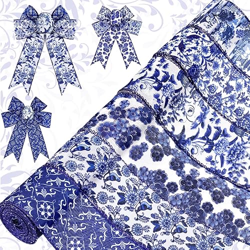 Lyrow 6 Rolls Chinoiserie White and Blue Wired Edge Ribbon Chinoiserie Ribbon Floral Ribbon Butterfly Craft Flower Pattern Fabric Ribbons for Crafts