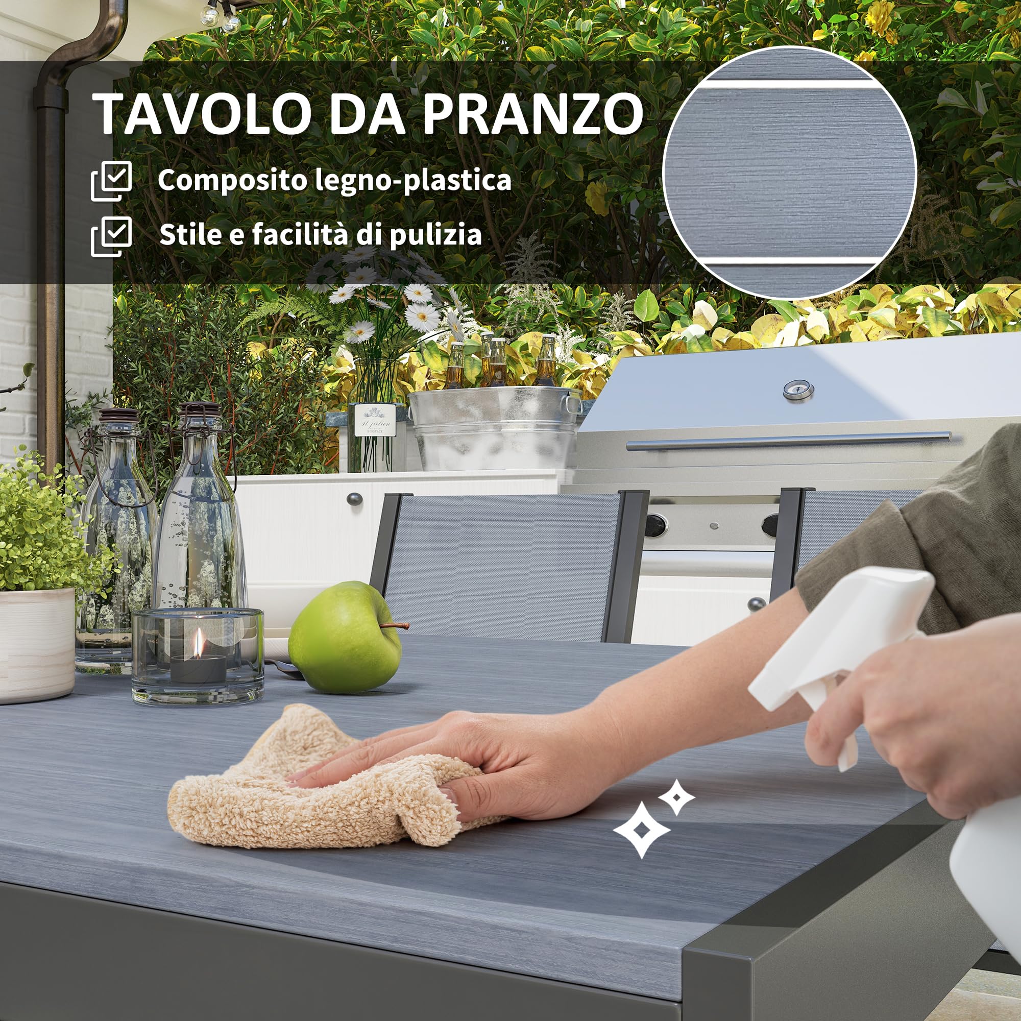 Outsunny Set Tavolo da Giardino con Sedie da 7 Pezzi, Set da Pranzo con Tavolo Rettangolare, 6 Sedie da Esterno Impilabili, Set di Mobili in Acciaio Texteline, Grigio Chiaro