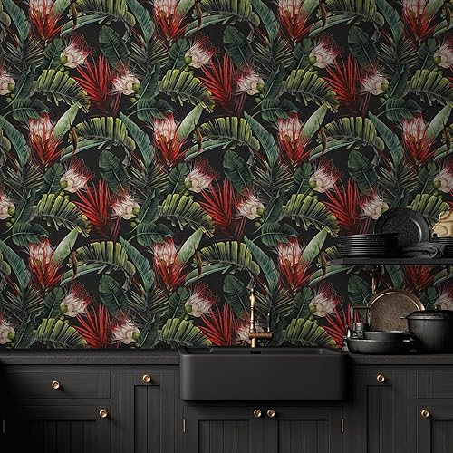 Miniatura 3 de CRE8TIVE Papel tapiz de vinilo autoadhesivo removible de 24 x 354 pulgadas, tamaño grande, diseño floral oscuro, diseño botánico de hojas de