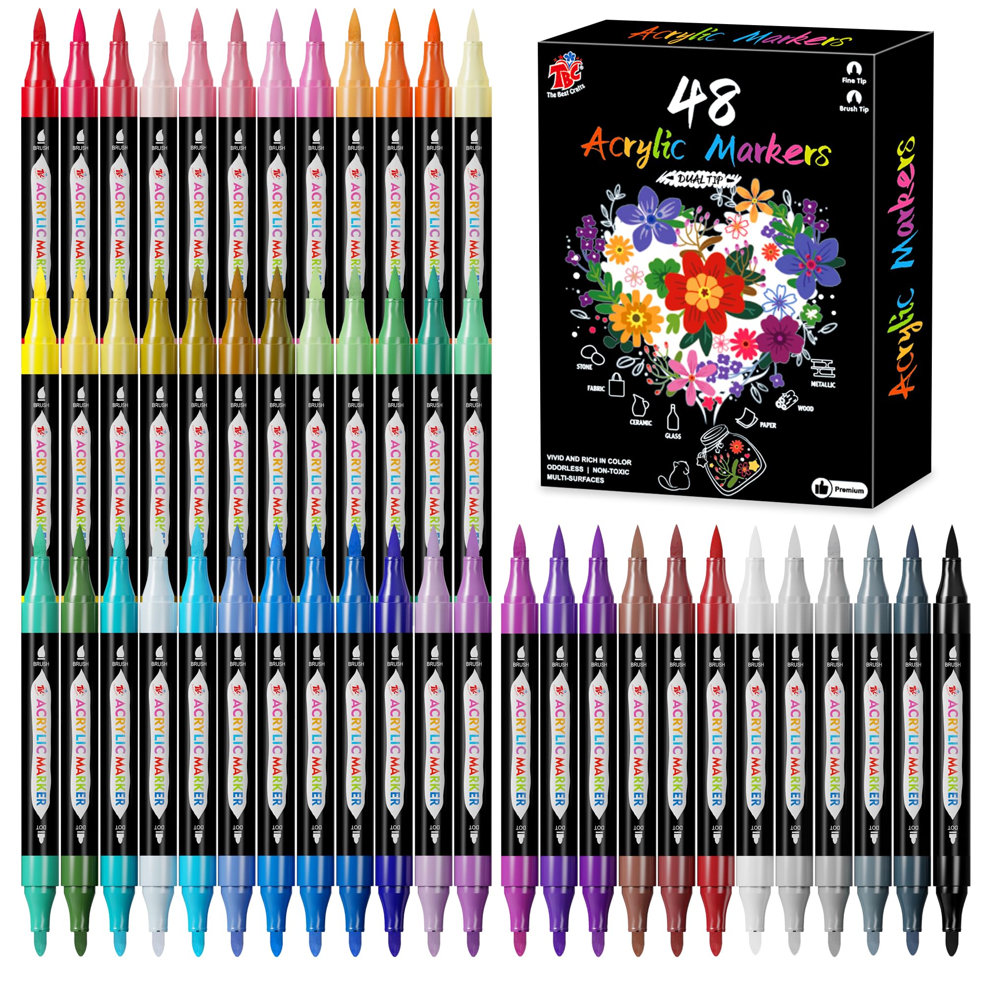 TBC The Best Crafts 48 Colors Dual Tip Acrylic Paint Markers,Waterproof, Non-Toxic, odorless, Suitable for Paper, Pottery, Stones, Backpacks, Glass