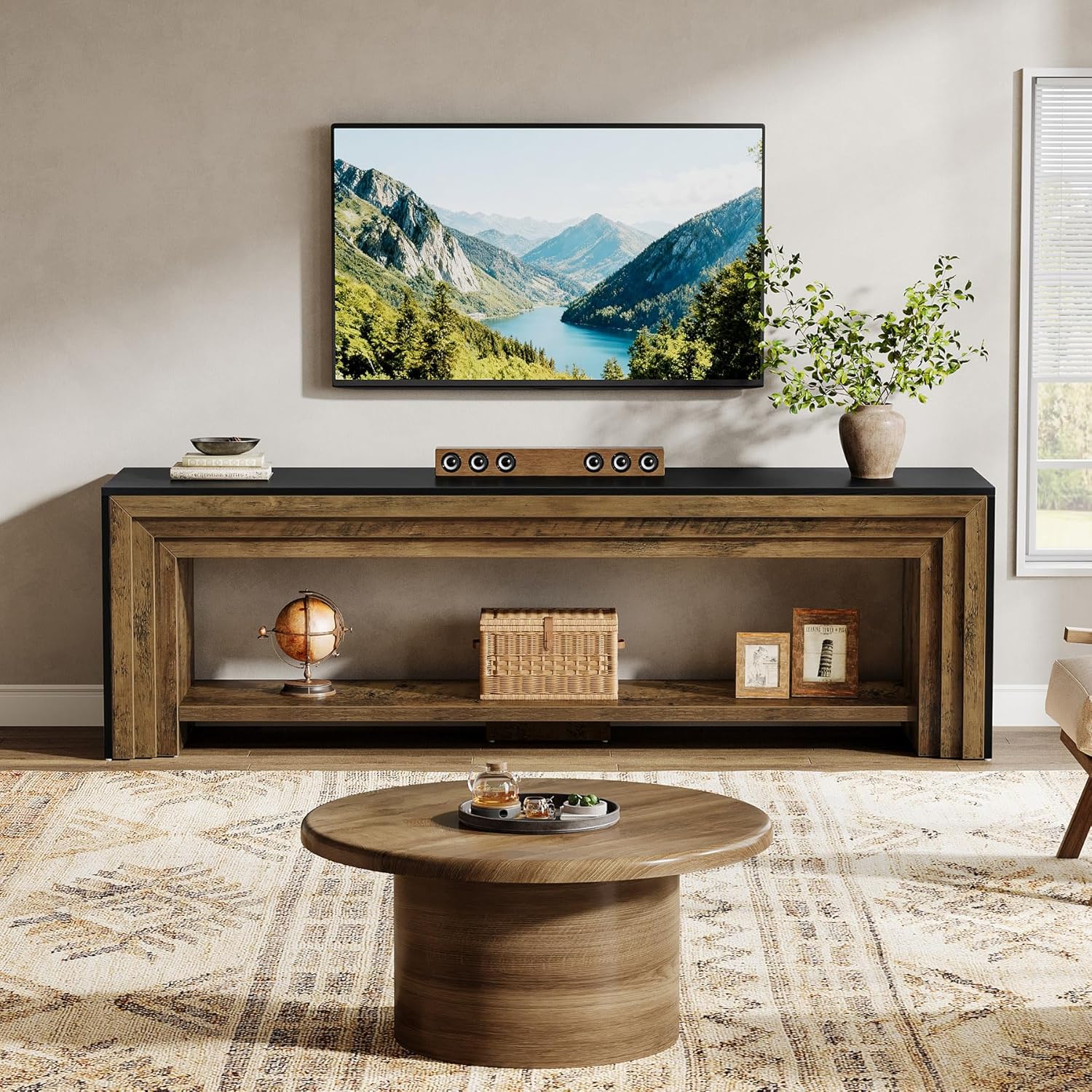 Tribesigns 70" TV Stand for 65/70/75-Inch TVs, Farmhouse Long Entertainment Center with Open Storage Shelves, Low Media Console, Wooden Television Stand for Living Room, Bedroom, Rustic Brown & Black