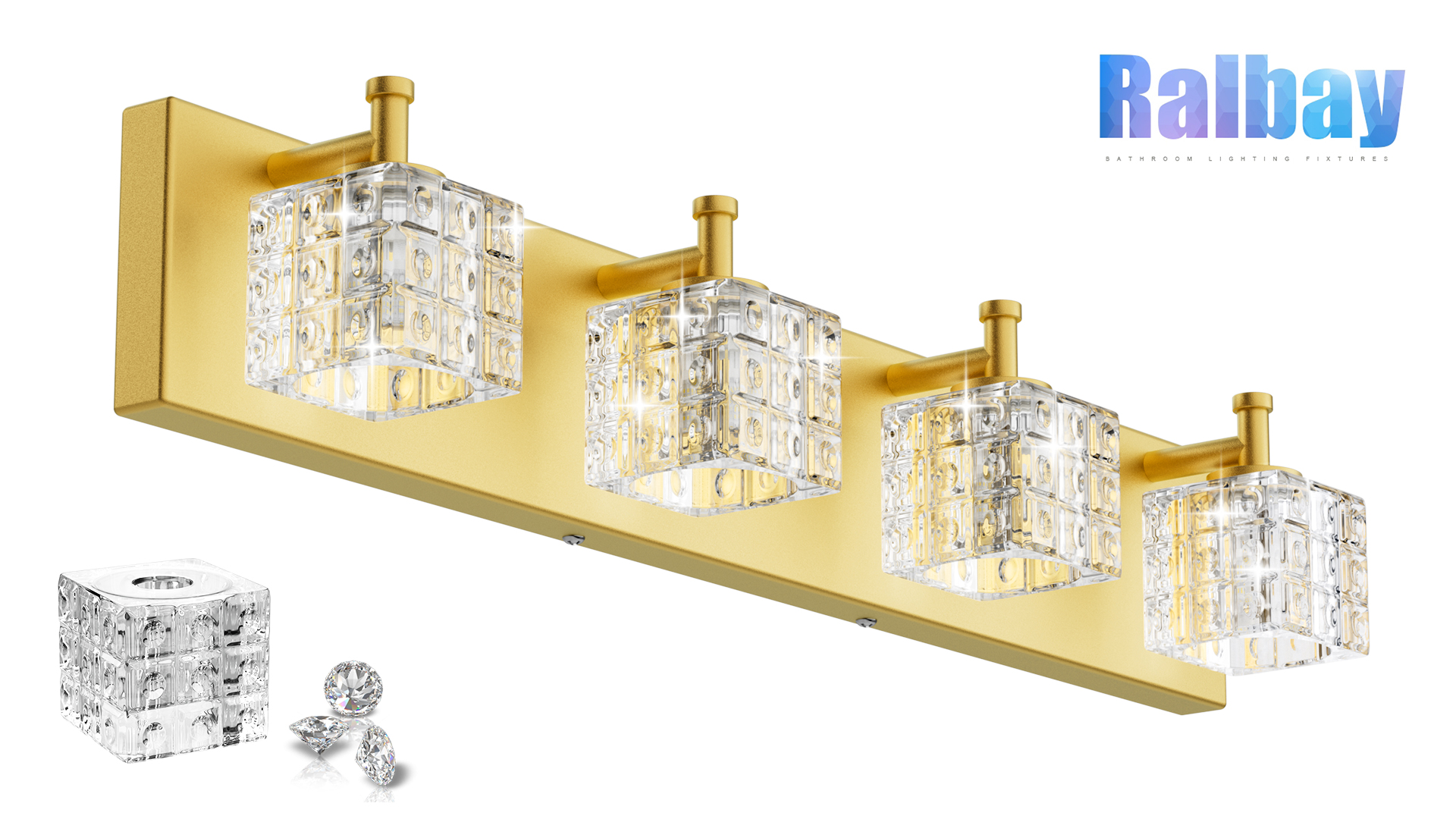 Image of Ralbay Gold Bathroom Vanity Light Fixtures 4 Lights Gold Modern Crystal Bathroom Lights Fixtures Modern Crystal Gold Vanity Light for Bathroom