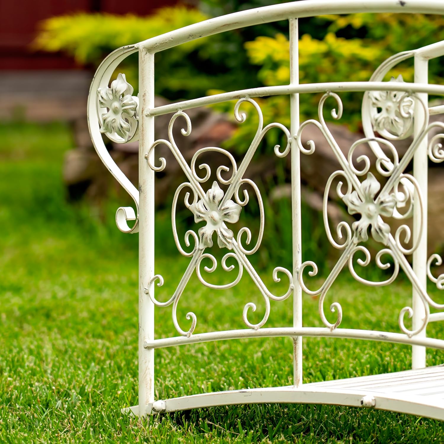 Zaer Ltd. Decorative Iron Garden Bridge, 40.5 x 22 x 22 inches, Antique Bronze or White, Floral Design (Antique White)